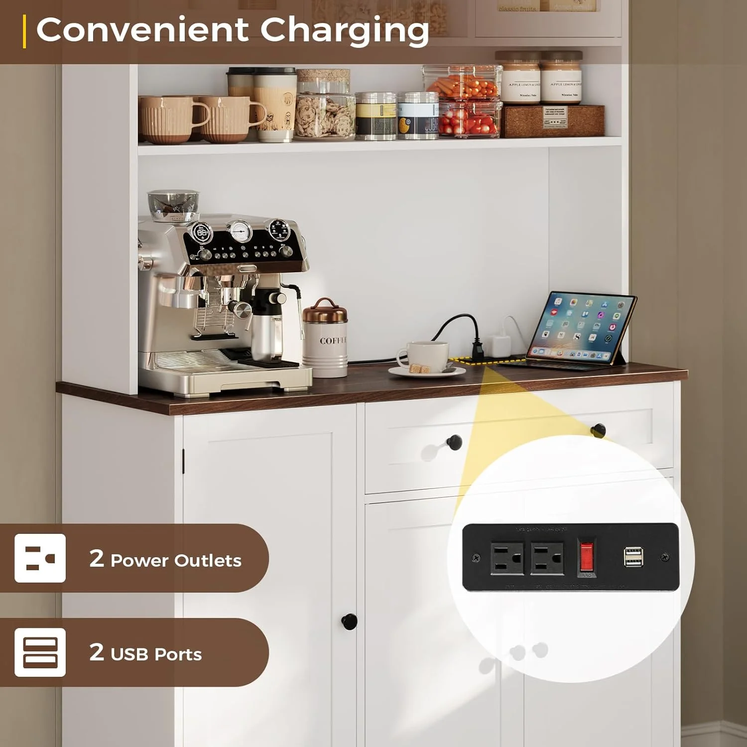 Kitchen Pantry Storage Cabinet with Drawers&Power Outlet&Microwave Stand, Pantry Cabinet or Buffet Cabinet with Adjustable Shelves for Dining Room, White