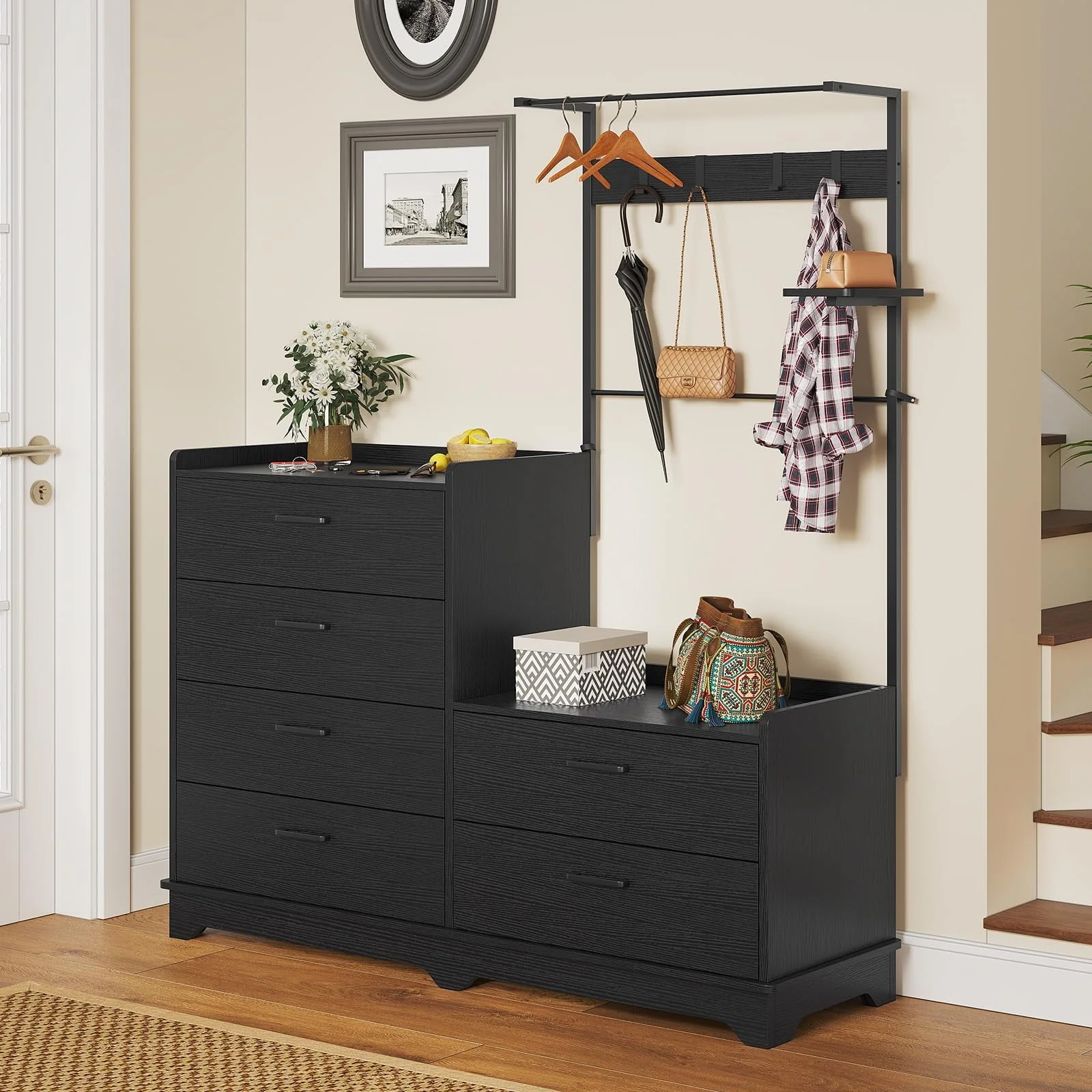 Hasuit 6 Drawers Dresser with Clothes Hanging Racks for Bedroom, Black