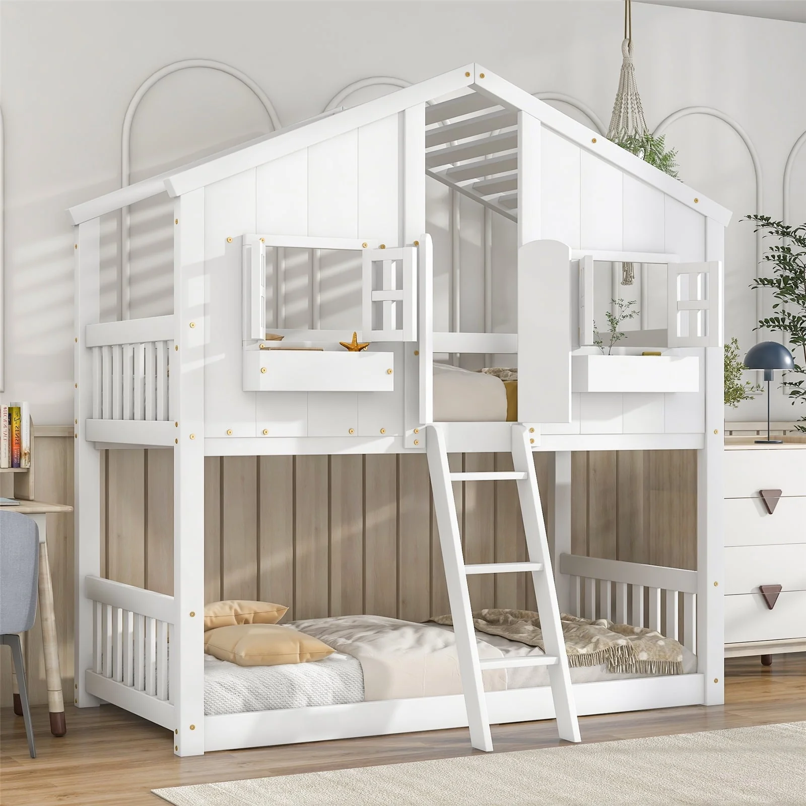 Twin Over Twin House Bunk Bed with Roof/Window/Window Box/Door Designs, Wooden Floor Bunk Bed Frame with Safety Guardrails and Ladder for Kids Boys Girls,White