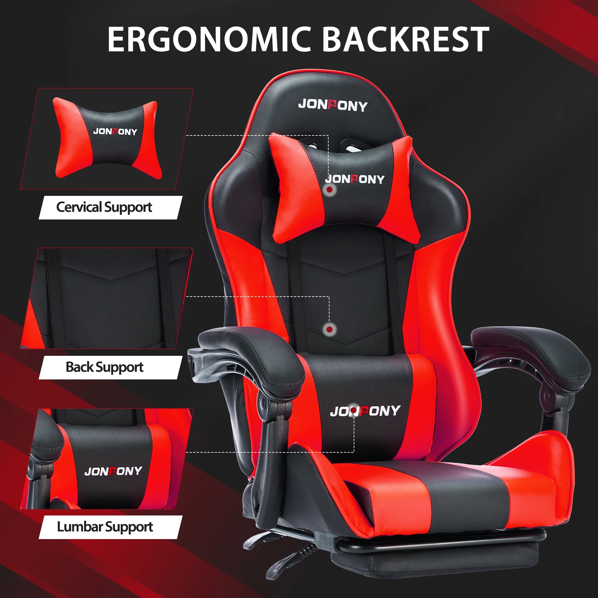 JONPONY Big and Tall 400LBS Gaming Chair, Ergonomic Design, Gamer Chair PU Leather with Footrest and Lumbar Support, High Back Office Chair Support 8 Hours Long Sitting, Computer Chair,Red