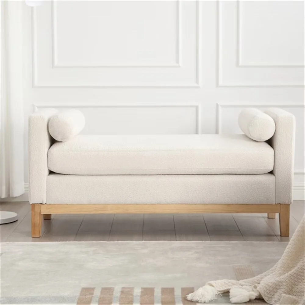 End of Bed Bench, 53.5" Boucle Fabric Upholstered Entryway Bench with Wood Legs & Bolster Pillows, Rolled Arm Cushioned Ottoman Foot Rest Long Stool Window Extra Seating for Bedroom, Ivory