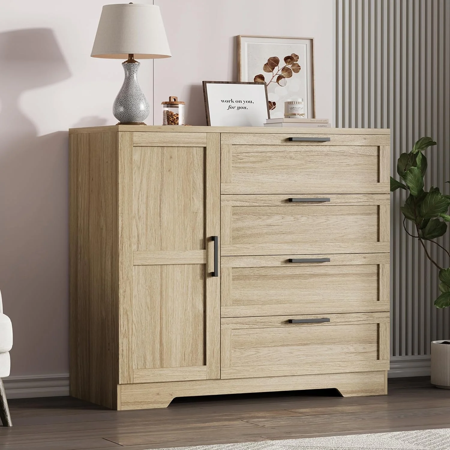 43.3" H Armoire Wardrobe Closet with 4 Drawers & Hanging Rod, Multifunctional Wood Storage Cabinet for Bedroom, Natural Oak
