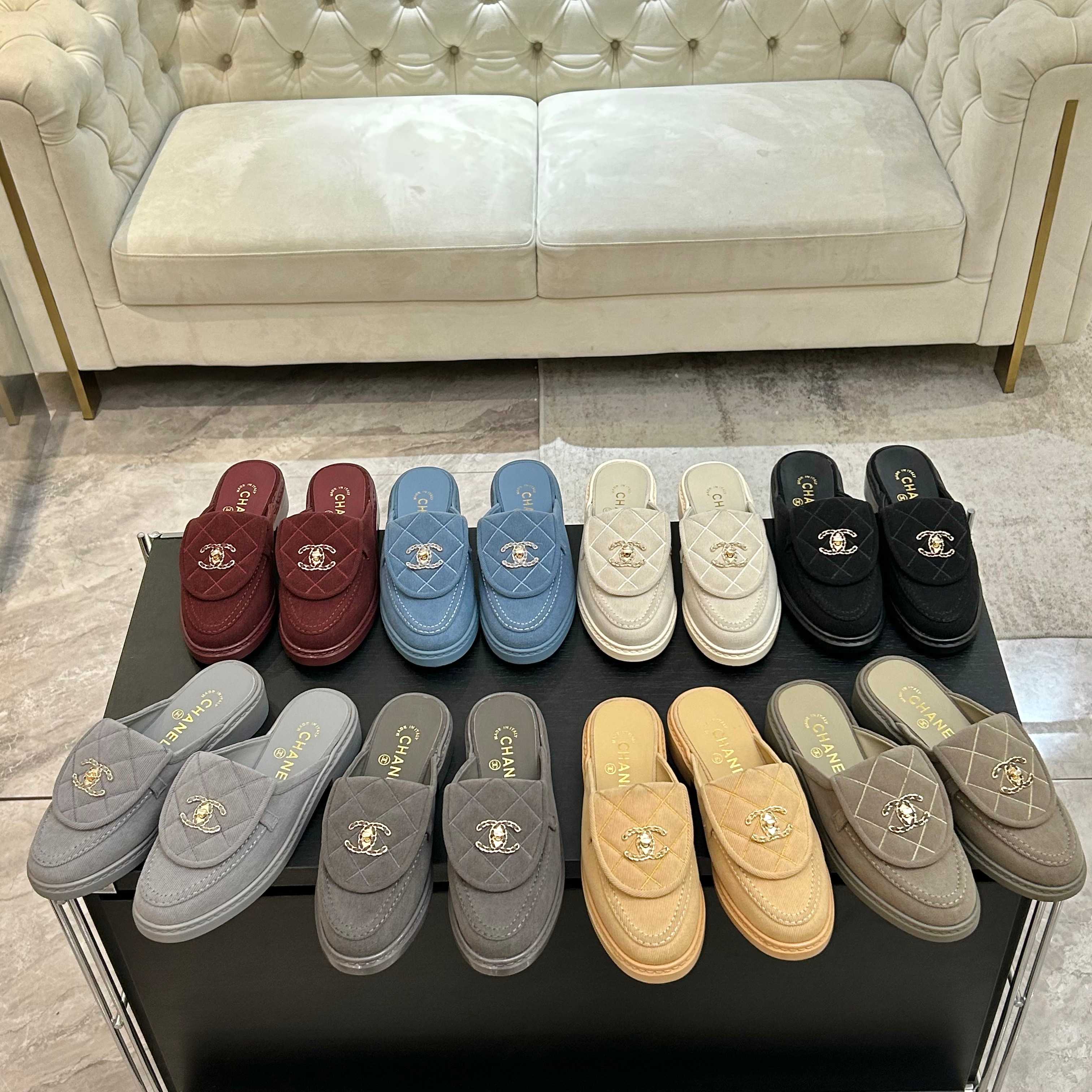 Chanel Fabric Quilted CC Turnlock Mules