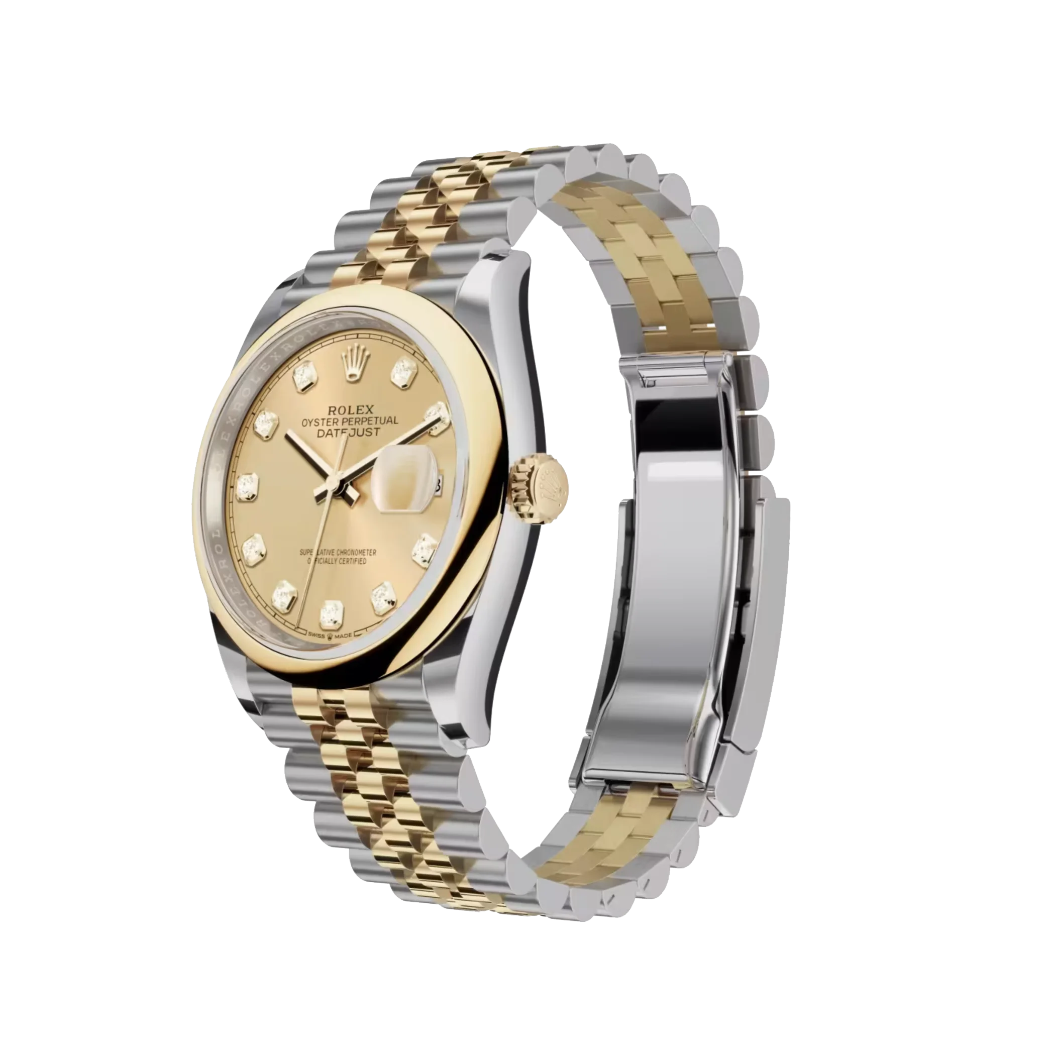 Rolex Datejust: Oystersteel and yellow gold, champagne colour, diamond-set dial, Jubilee bracelet, m126203-0017
