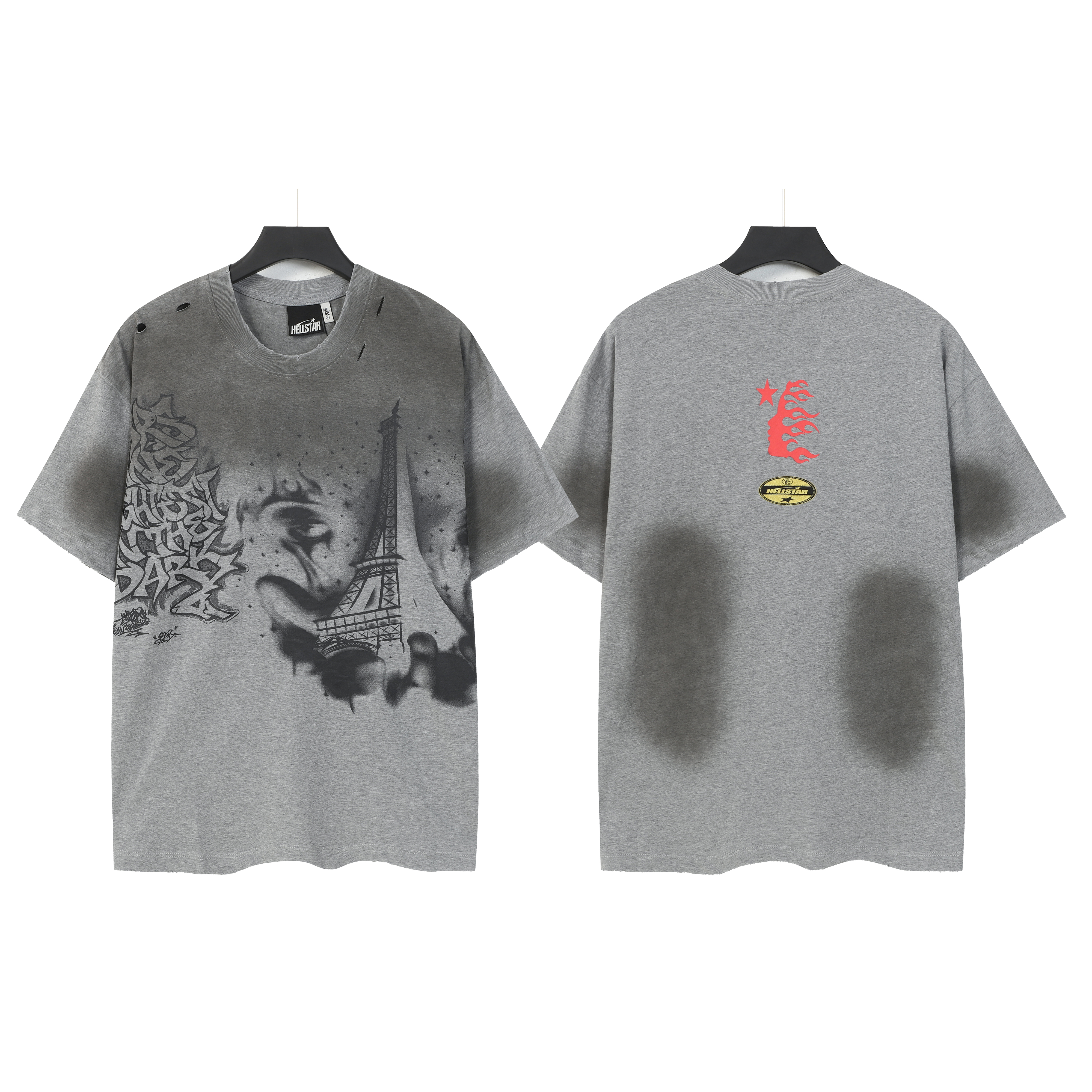Grey vintage washed Eiffel Tower printed short-sleeved shirt