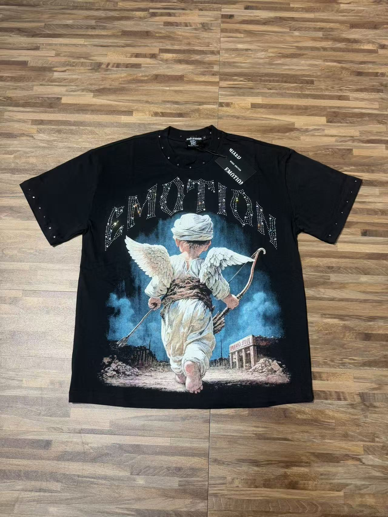 Imported American-style fashion brand short-sleeved shirt with rhinestone-studded archer angel print