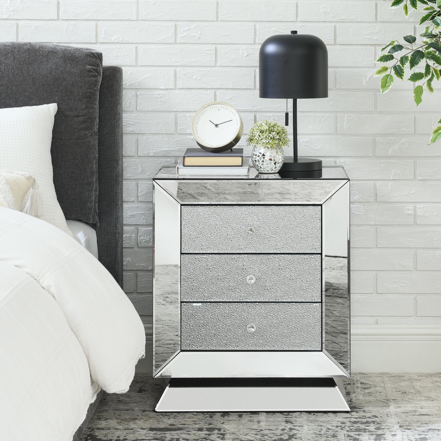 Elegant Mirrored Three-Drawer Cabinet with Diamond-Cut Glass Inlay Drawers, Space-Saving Storage Solution for Living Room, Bedroom, Entryway, Hallway or Sofa Side