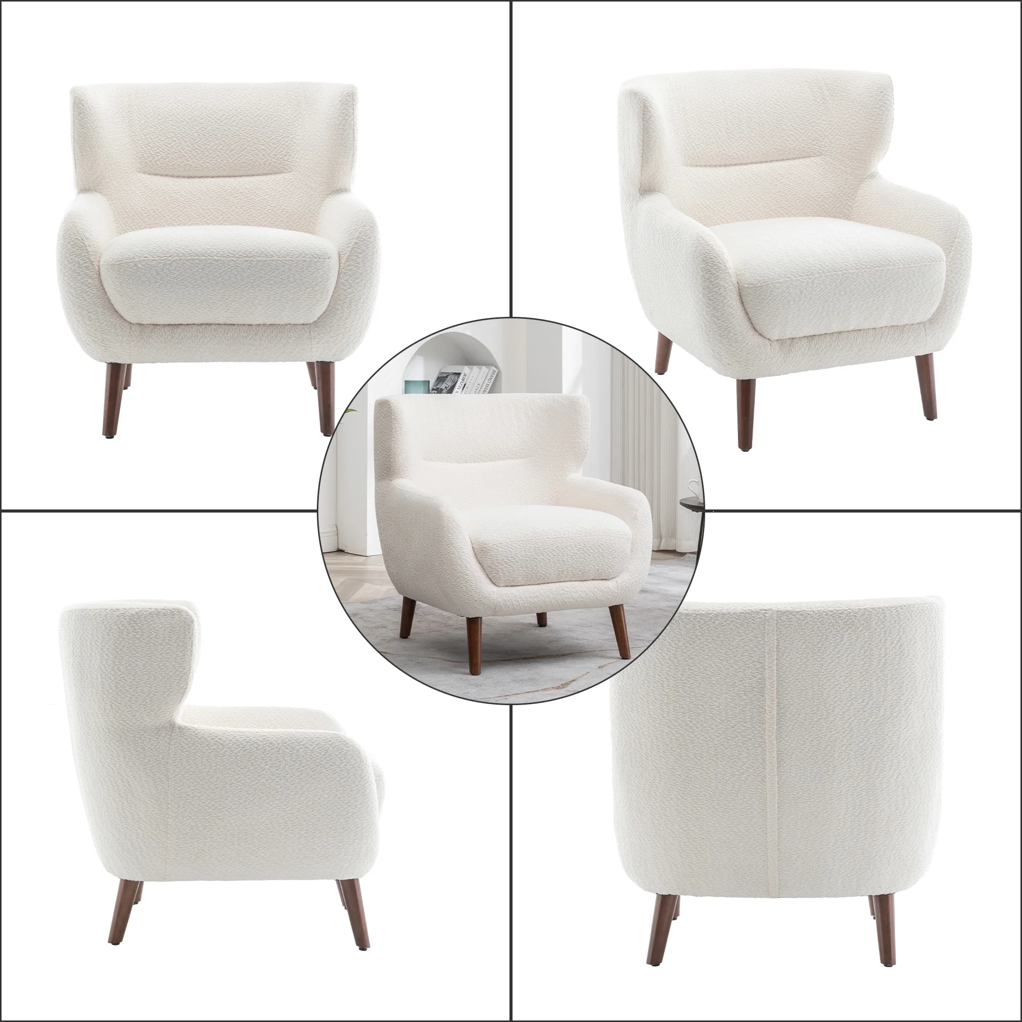 ALEAVIC White Accent Chair Upholstered Armchair with Solid Wood Legs