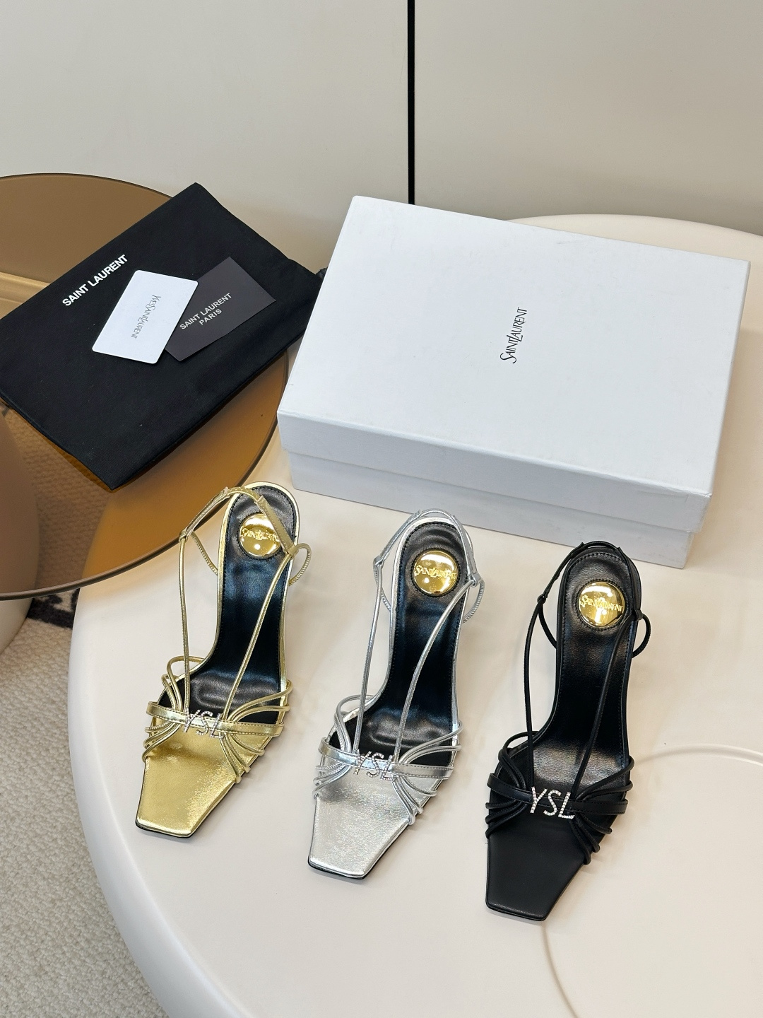 YSL Cassandra Square Toe Crystal Logo Metallic Leather Strappy Slingback Heel Sandals