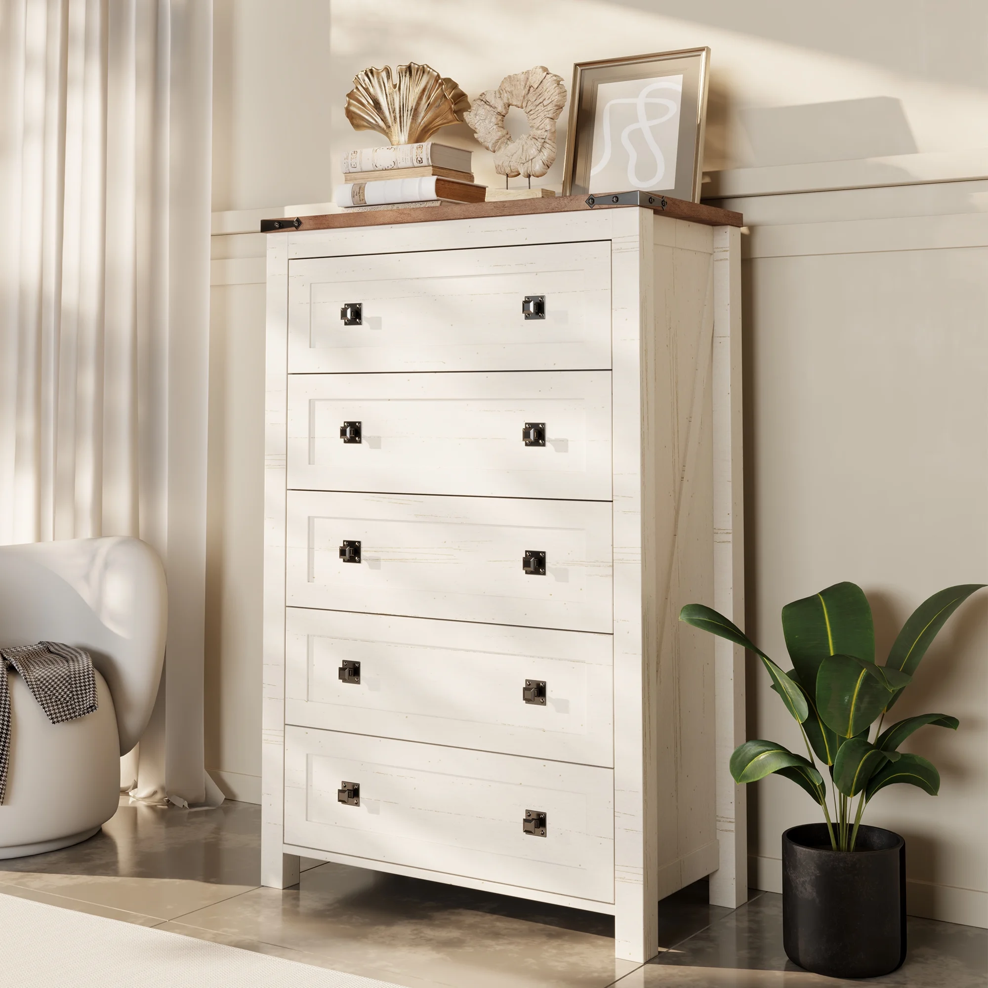 Keywhat Farmhouse 5 Drawer Dresser for Bedroom, Chest of Drawers Wood Organizer for Living Room, Antique White