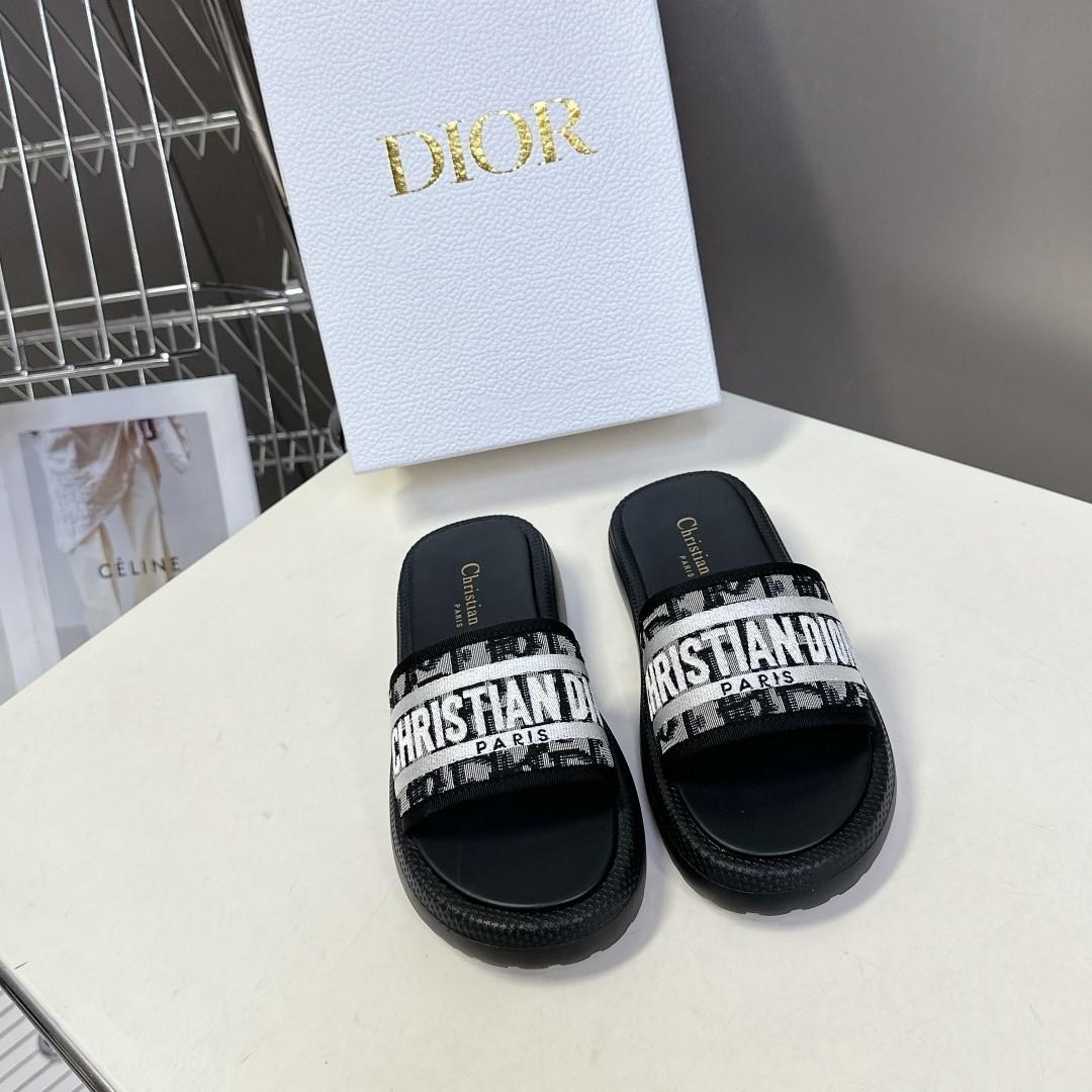 Dior D-Way Oblique Christian Dior Paris Embroidered Leather Piping Platform Slipper