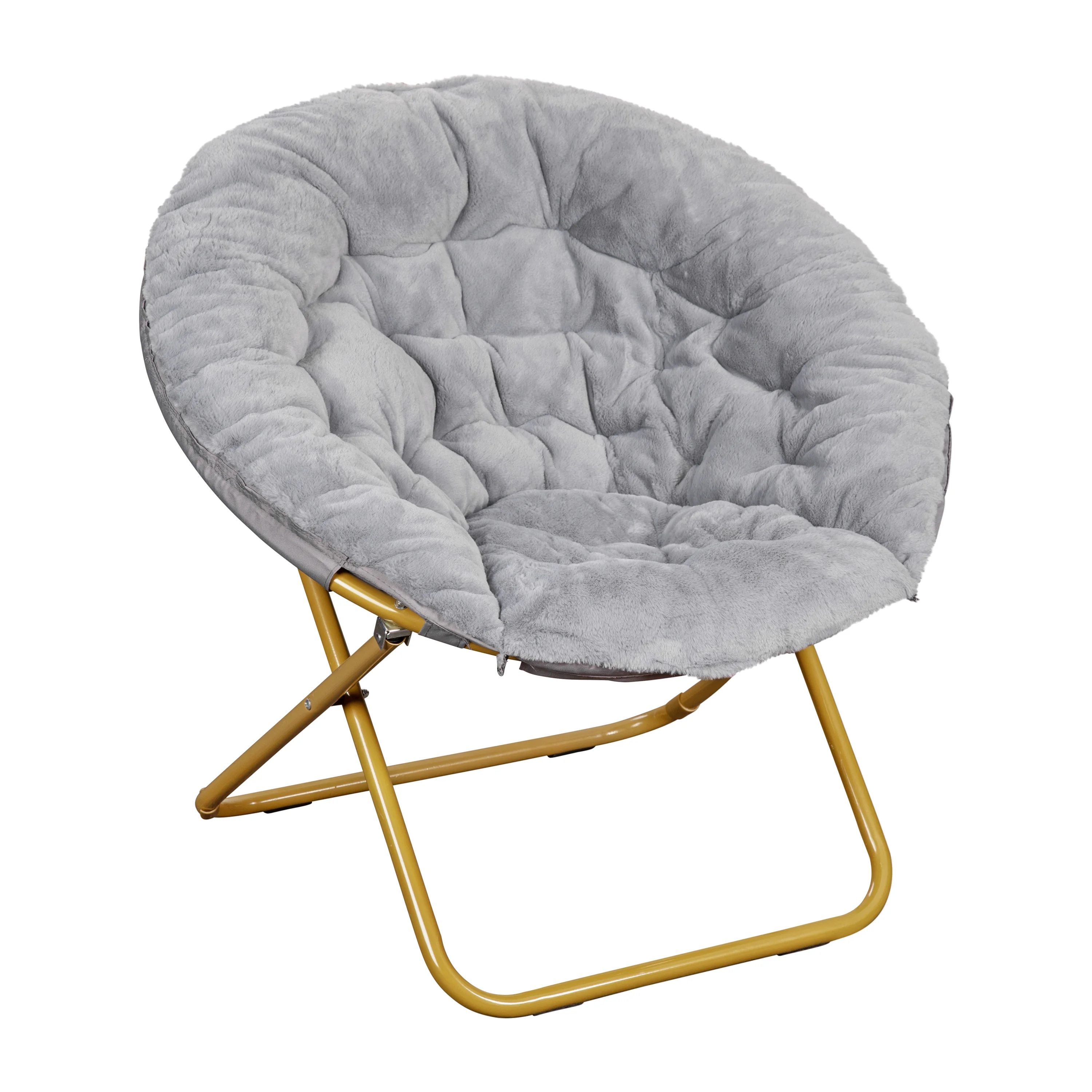 BizChair 38" Oversize Portable Faux Fur Folding Saucer Moon Chair for Dorm and Bedroom, Gray Faux Fur/Soft Gold Frame