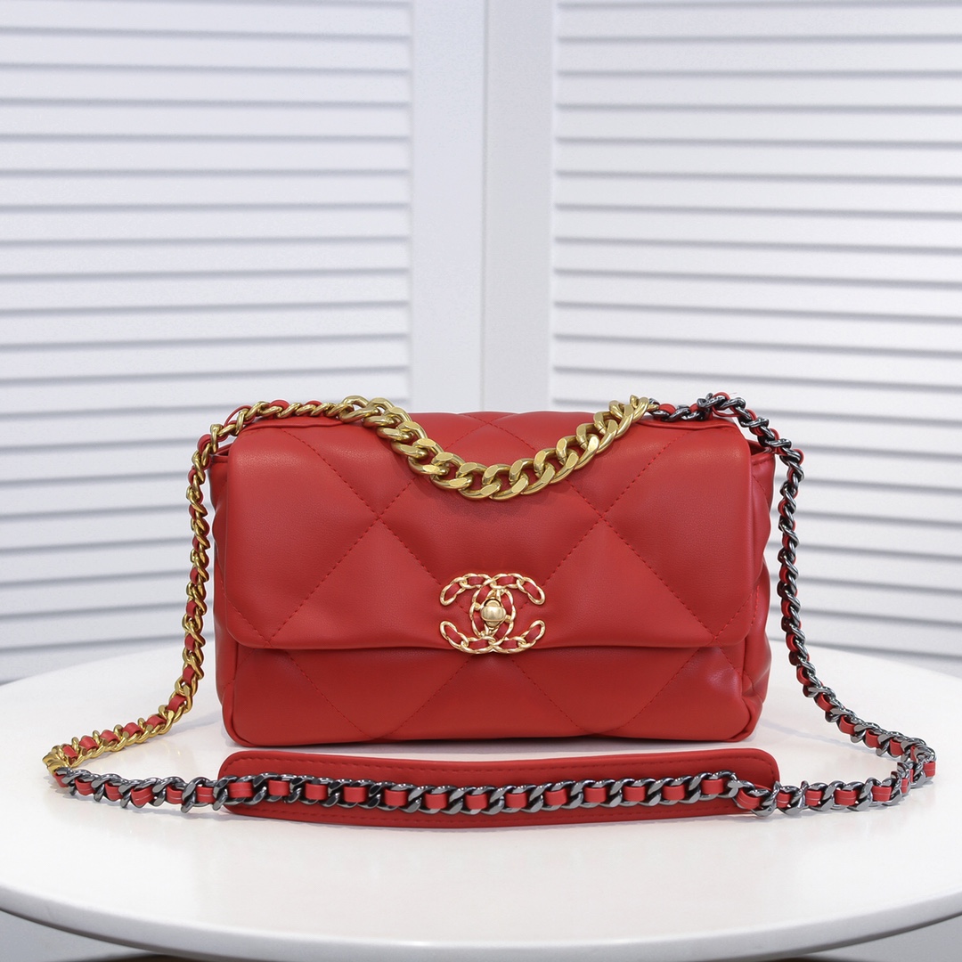 Chanel Calfskin Quilted Chanel 19 Flap Red -Golden - Bag