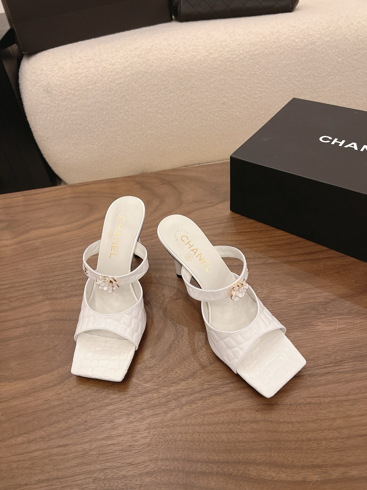 Chanel 26K White Camellia Buckle Croc-Embossed Leather Square Toe Sandals Mules Heels