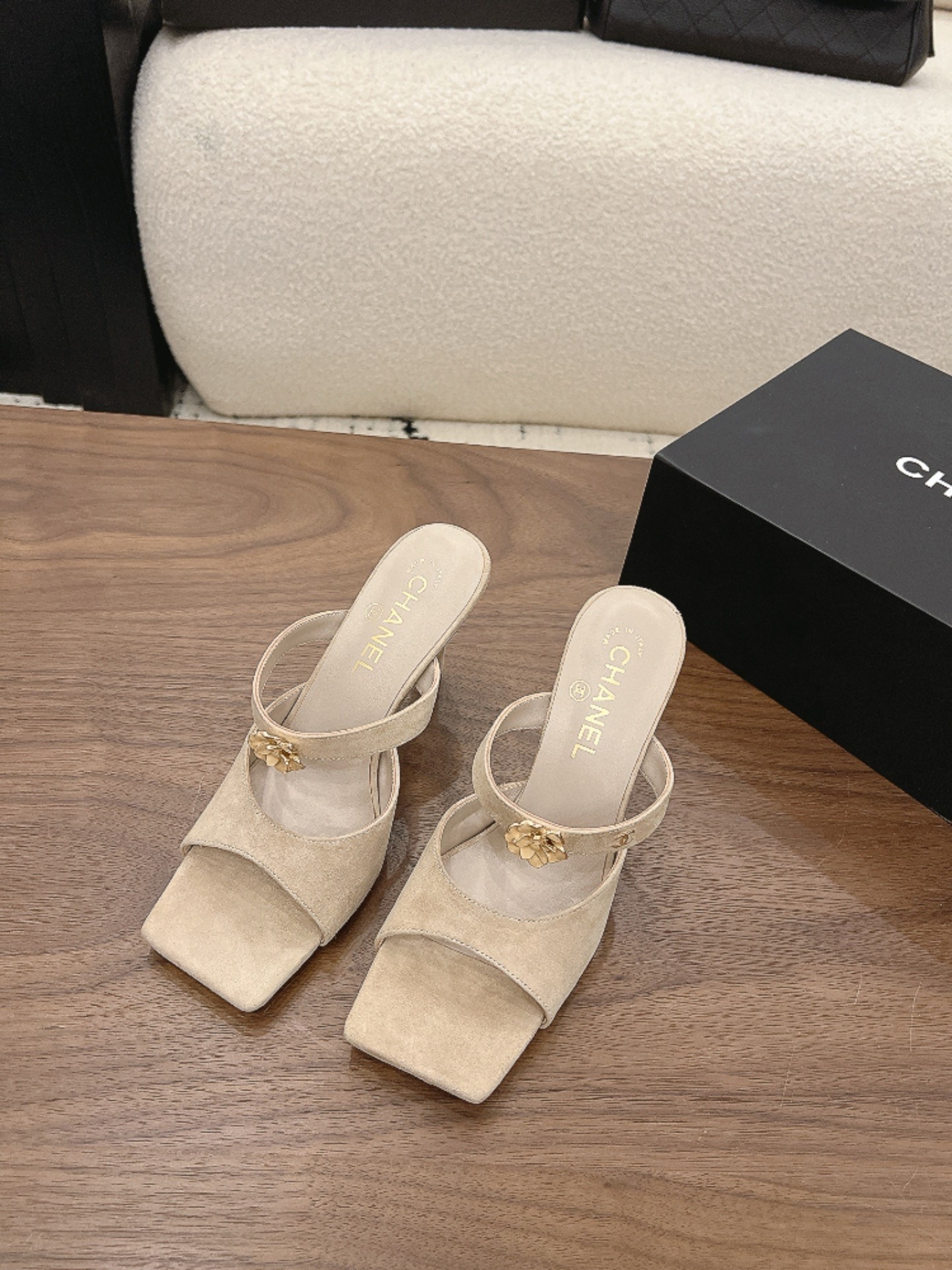 Chanel 26K Beige Camellia Buckle Suede Leather Square Toe Sandals Mules Heels