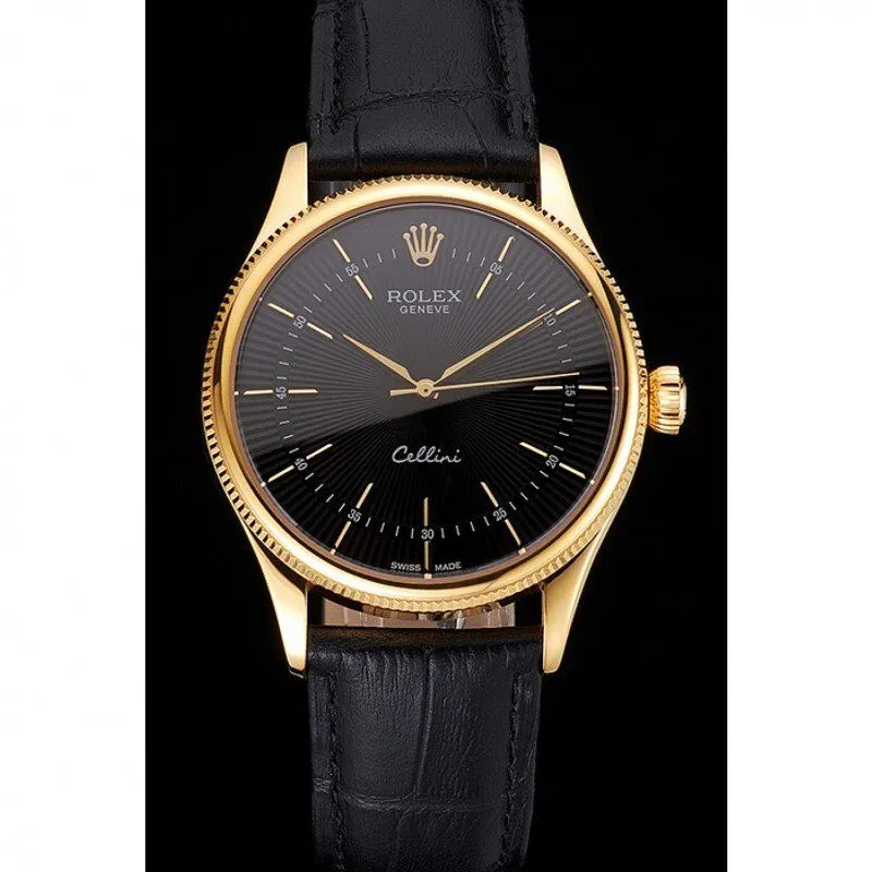 Swiss Rolex Cellini Black Dial Gold Markings Gold Case Black Leather Strap