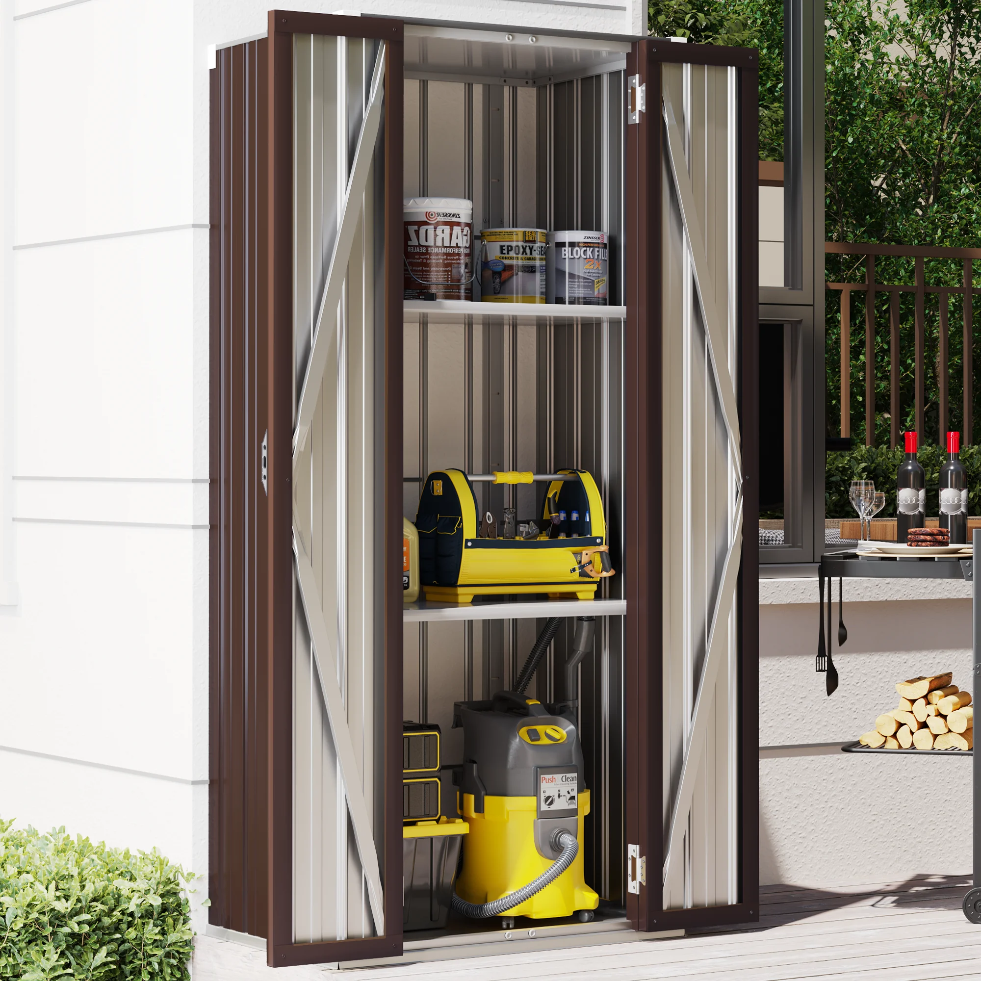 AECOJOY Outdoor Storage Cabinet Waterproof with Adjustable Shelves, Lockable Metal Outdoor Garden Storage Sheds Organizer in Brown, Versatile for Garage, Backyard, or Indoor Use