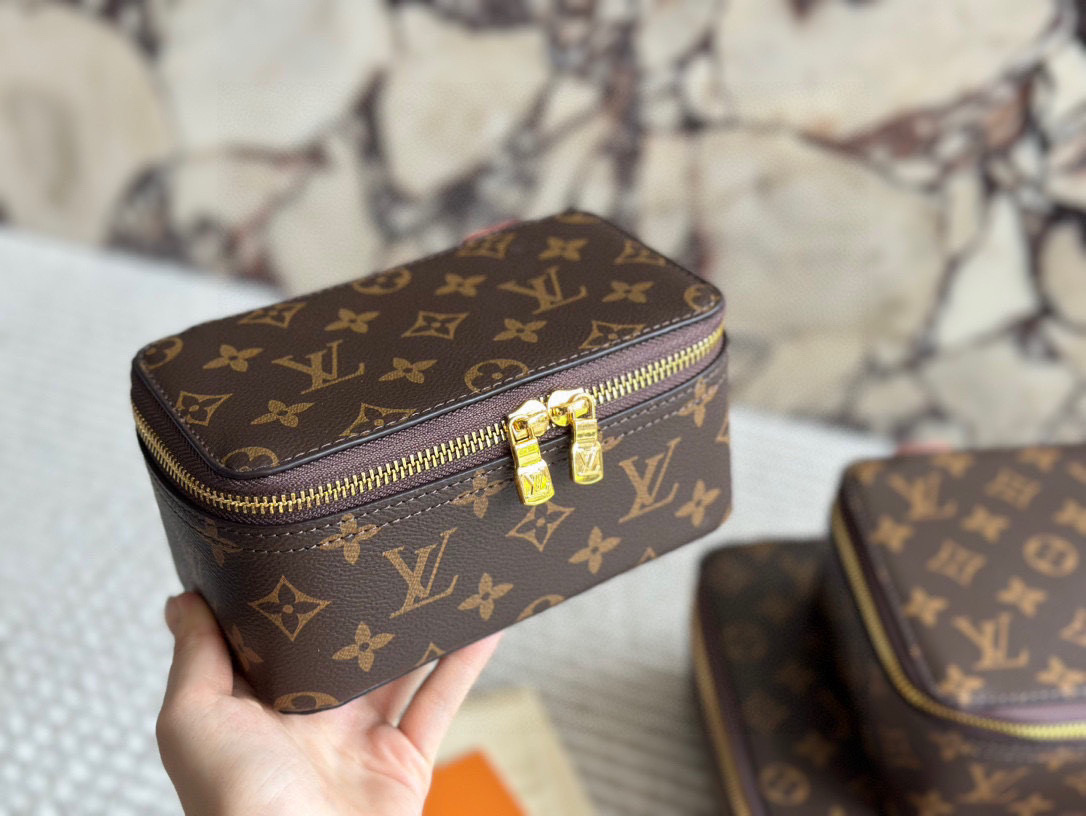 LV Monogram Brown Canvas Pink Lining Nice Vanity Jewelry Case Travel Top Handle Bag