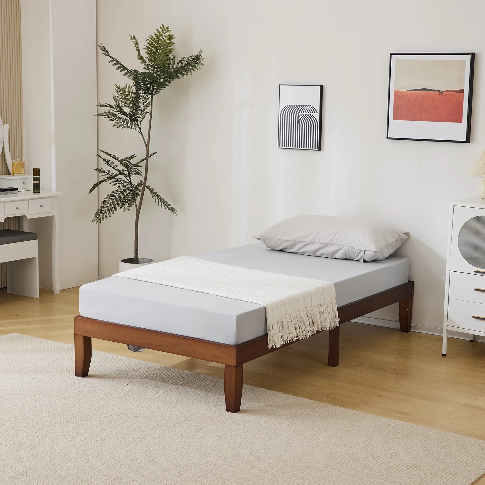 12 Inches Wood Platform Bed Frame Twin Size, Solid Wood Mattress Foundation with Strong Wood Slat Support