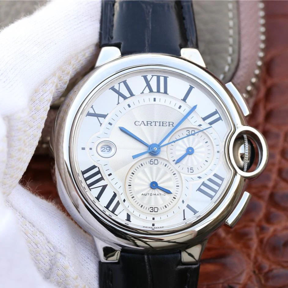Cartier Watch BALLON BLEU 42 CHRONOGRAPH STEEL SILVER DIAL LEATHER BRACELET