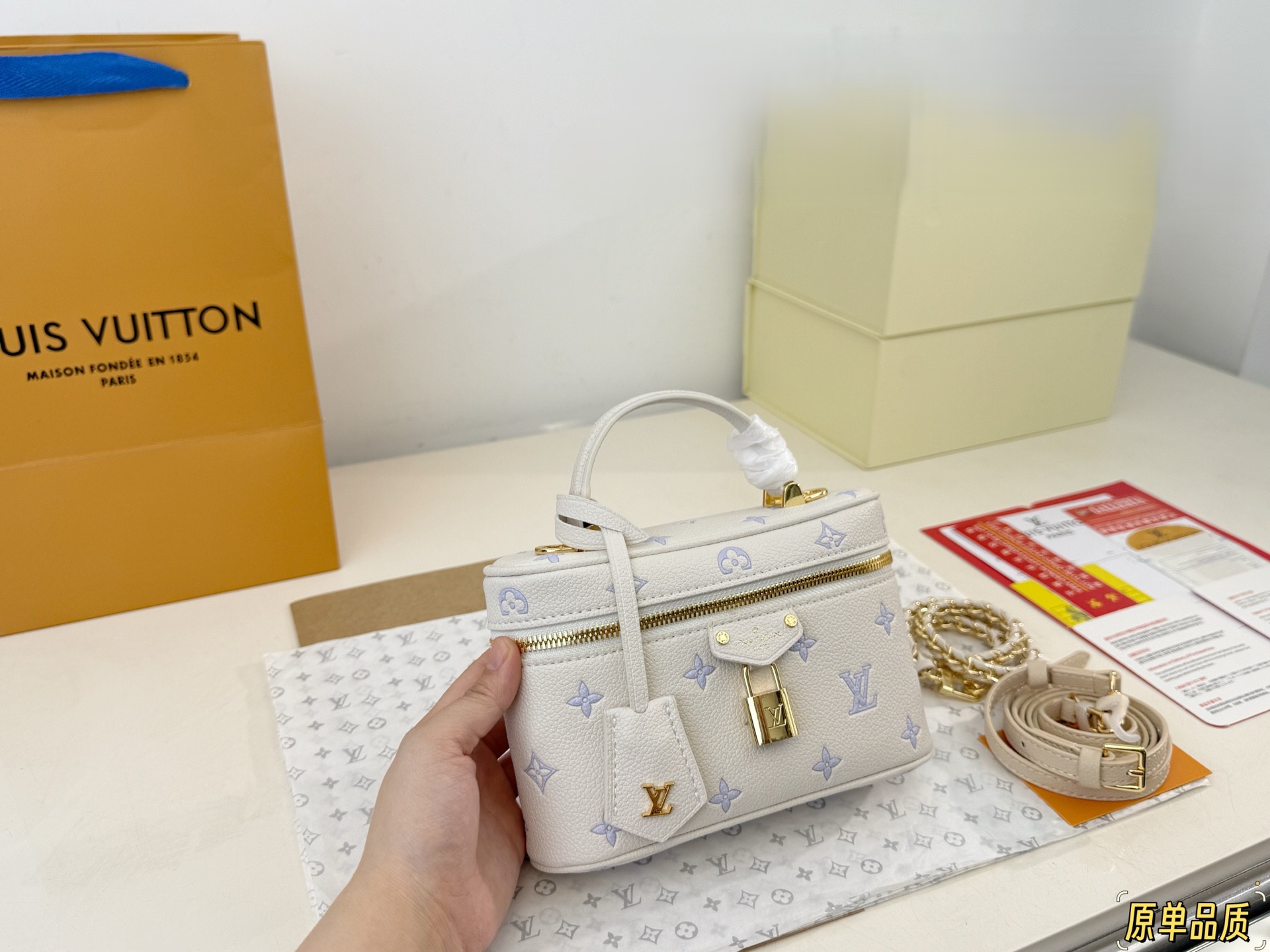 LV Mini Nice Vanity Cream Base Blue Monogram Crossbody Top Handle Bag