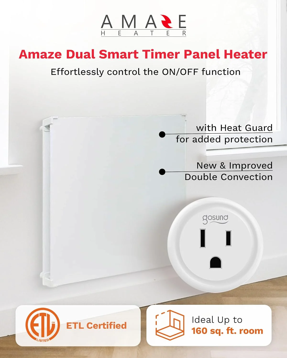 Amaze Heaters Dual Smart 400W Energy Efficient Space Heater w/Heat Guard & Wall Mount Kit - 24x24 Paintable & Silent Indoor Electric Heater - For Up to 160 sq ft Rooms Such as Bedroom & Bathroom
