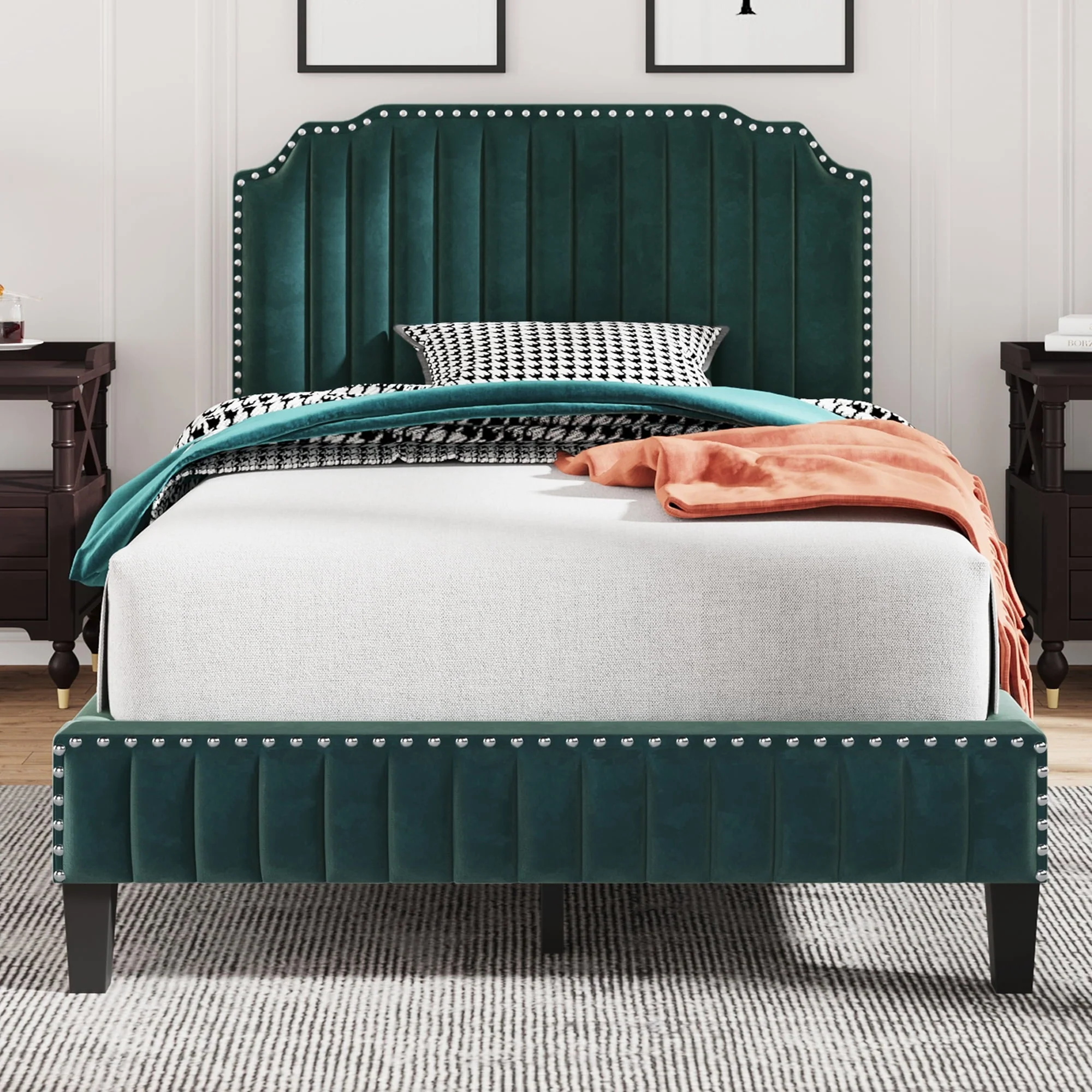 Green Upholstered Platform Bed, Full Size Bed Frame with Solid Wooden Slat Support and Curved Upholstered Wingback Headboard, Heavy Duty Full Bed Mattress Foundation, No Box Spring Required