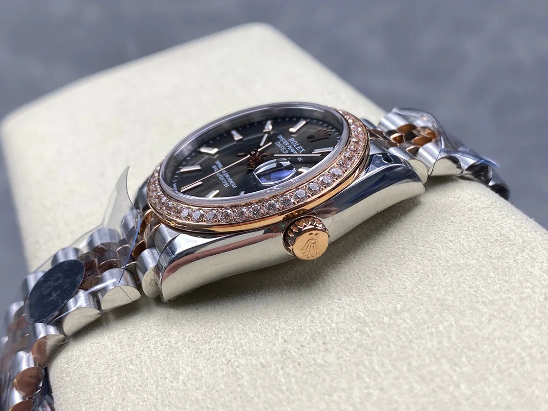 Rolex Watch Datejust 31mm Pink Gold Steel Diamond Bezel Dark Grey Dial