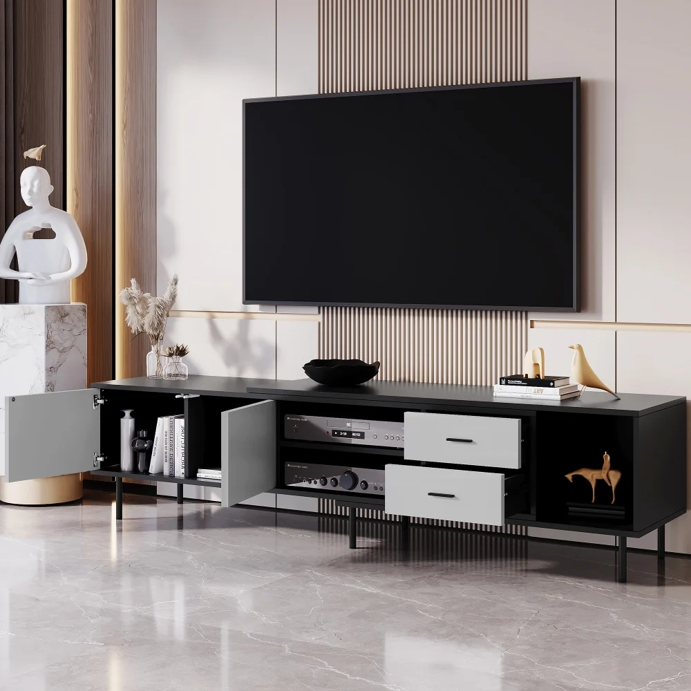 Gzxs TV Stand for 80" TV, Modern Media Entertainment Center with 2 Doors, 2 Drawers and Open Shelves, TV Console for Bedroom and Living Room, 70.8"L x 15.7"W x 17.7"H, Black+Gray