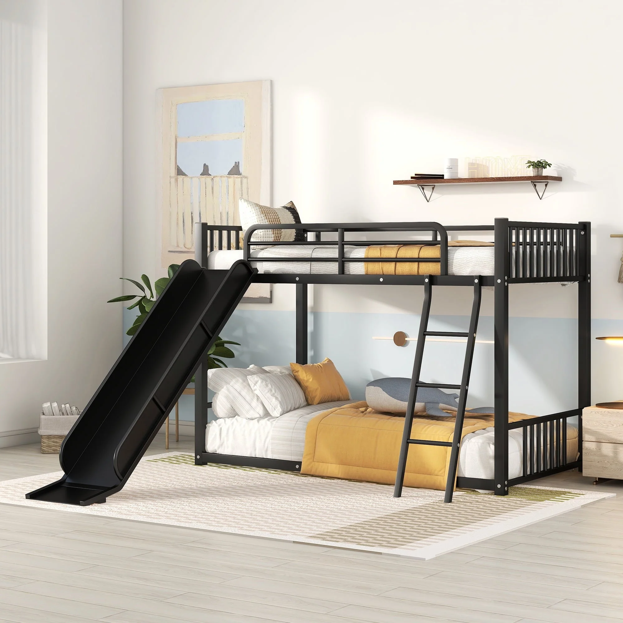 Metal Bunk Bed with Slide,Twin over Twin Bunk Bed with Full-Length Guardrail and Inclined Ladders, Twin Bed for Kids Teens Adults, Easy to Assemble, No Box Spring Required,Black