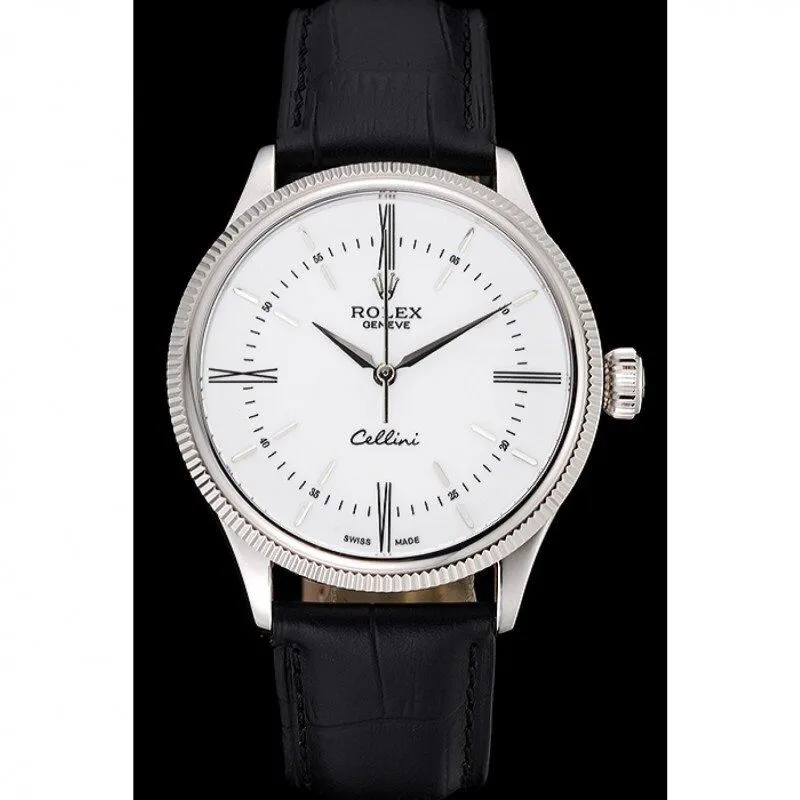 Swiss Rolex Cellini Time Silver Case White Dial Black Leather Bracelet 622653