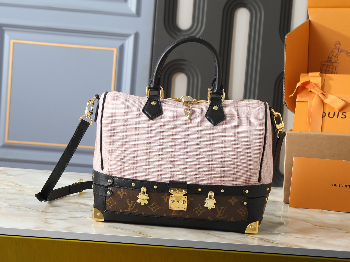 LV Speedy Bandoulière 22/30 Out Of The Trunk Pink Stripe Canvas With Monogram Trunk Bottom Handbag