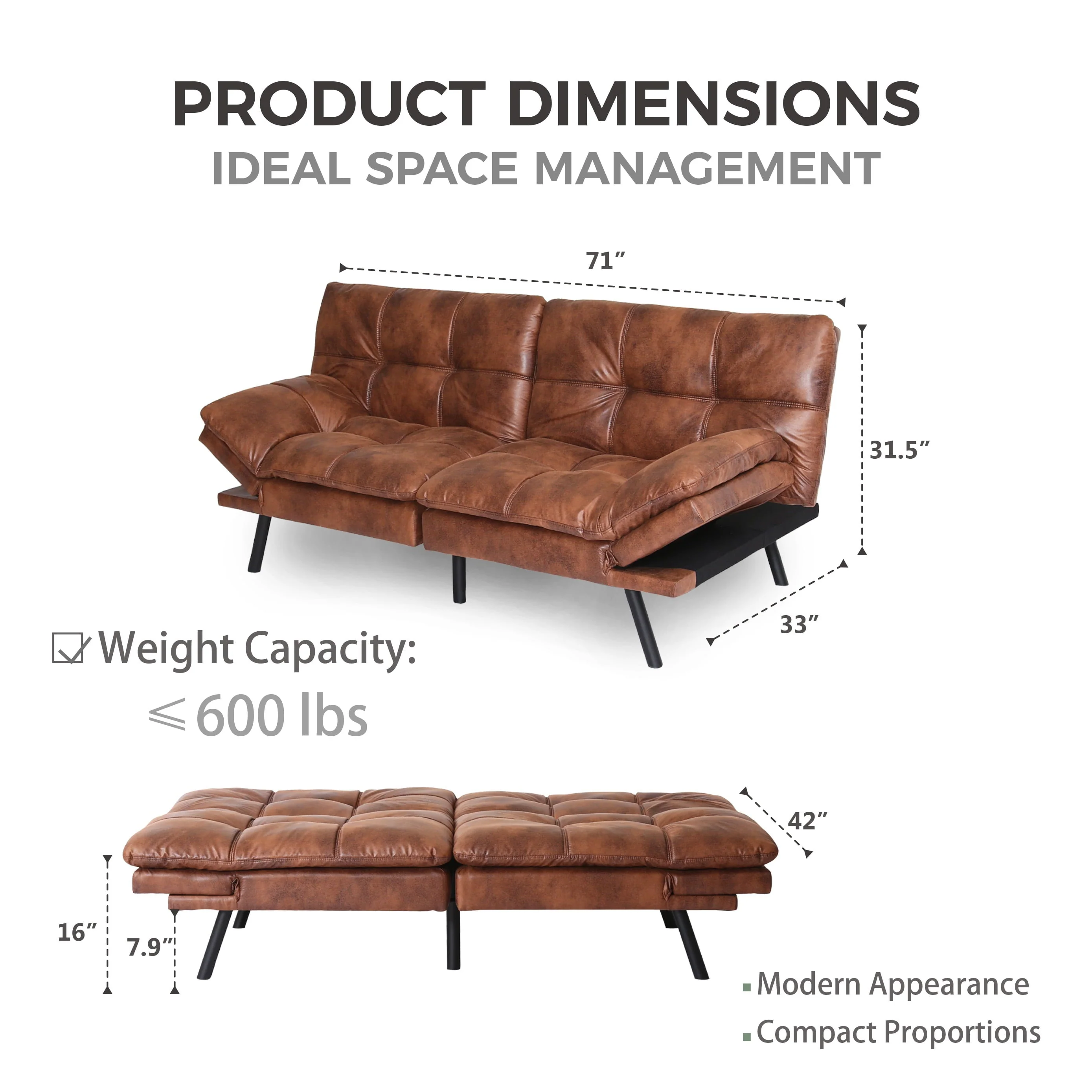 Futon Sofa Bed Faux Leather Memory Foam Couch Futon Sets,Convertible Sleeper Sofa for Living Room,Modern Daybed with/Removable Armrests,Loveseat for Compact Living Space,Brown