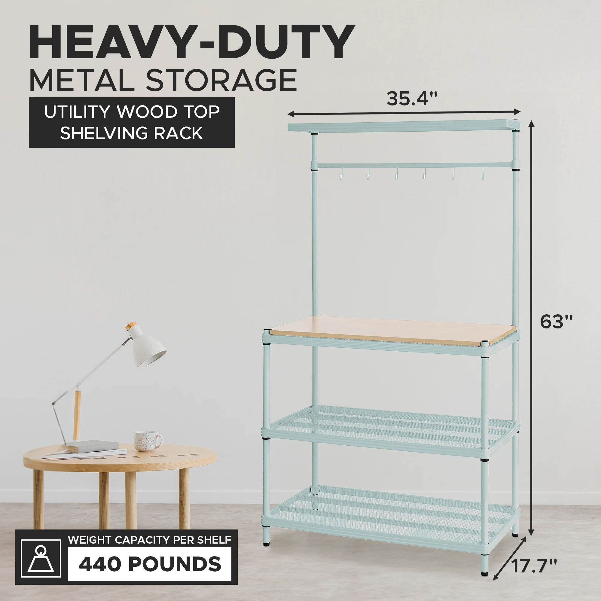 Design Ideas MeshWorks Metal Storage Wood Top Shelving Unit Rack, Green