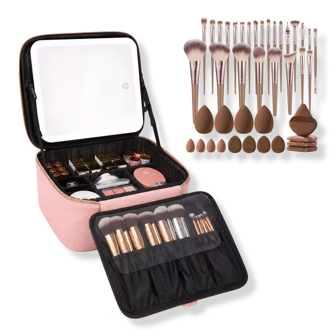 CosmoGlo  Makeup Case with Brush & Sponge Set