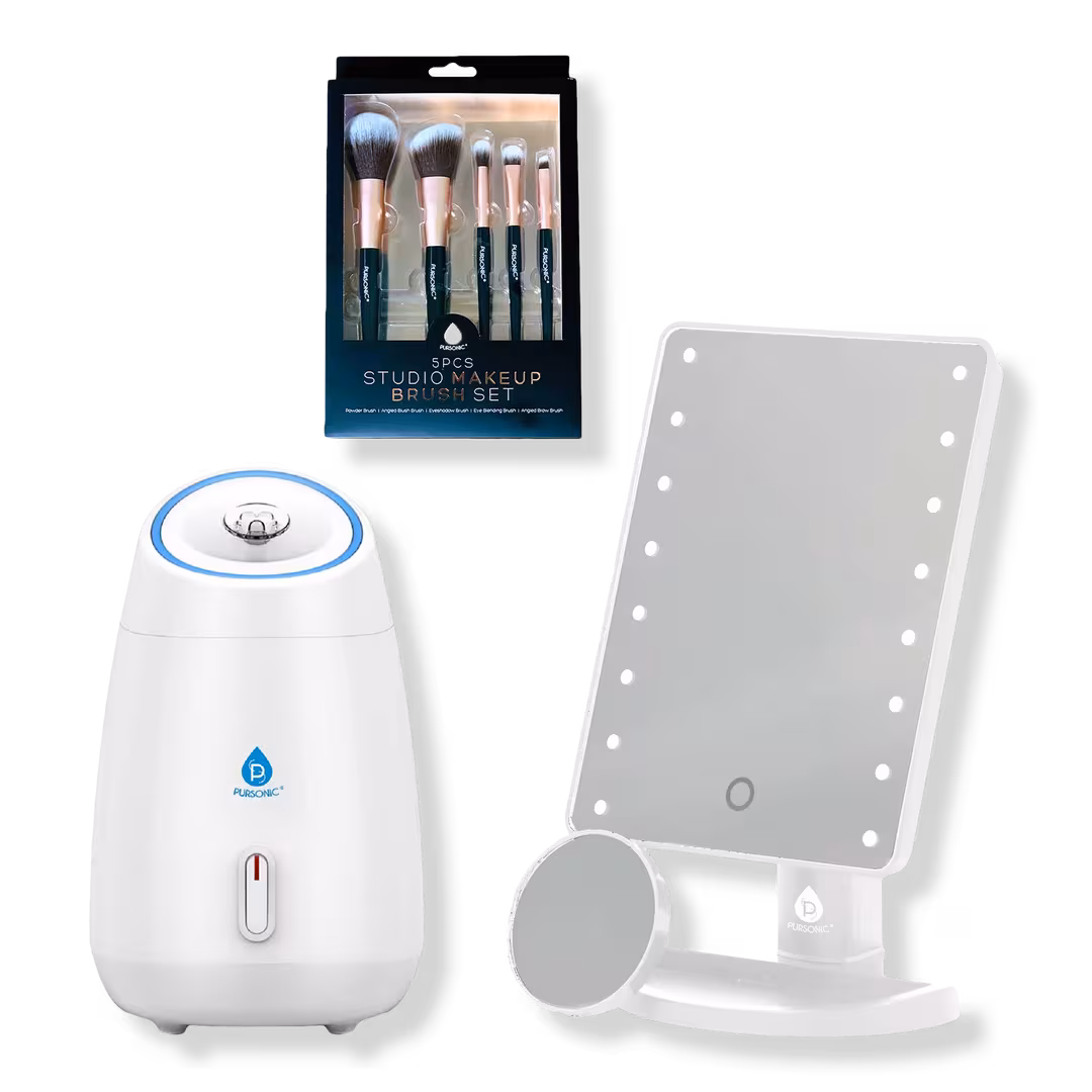 PURSONIC  LED Vanity Mirror, Facial Steamer & 5-Piece Brush Set