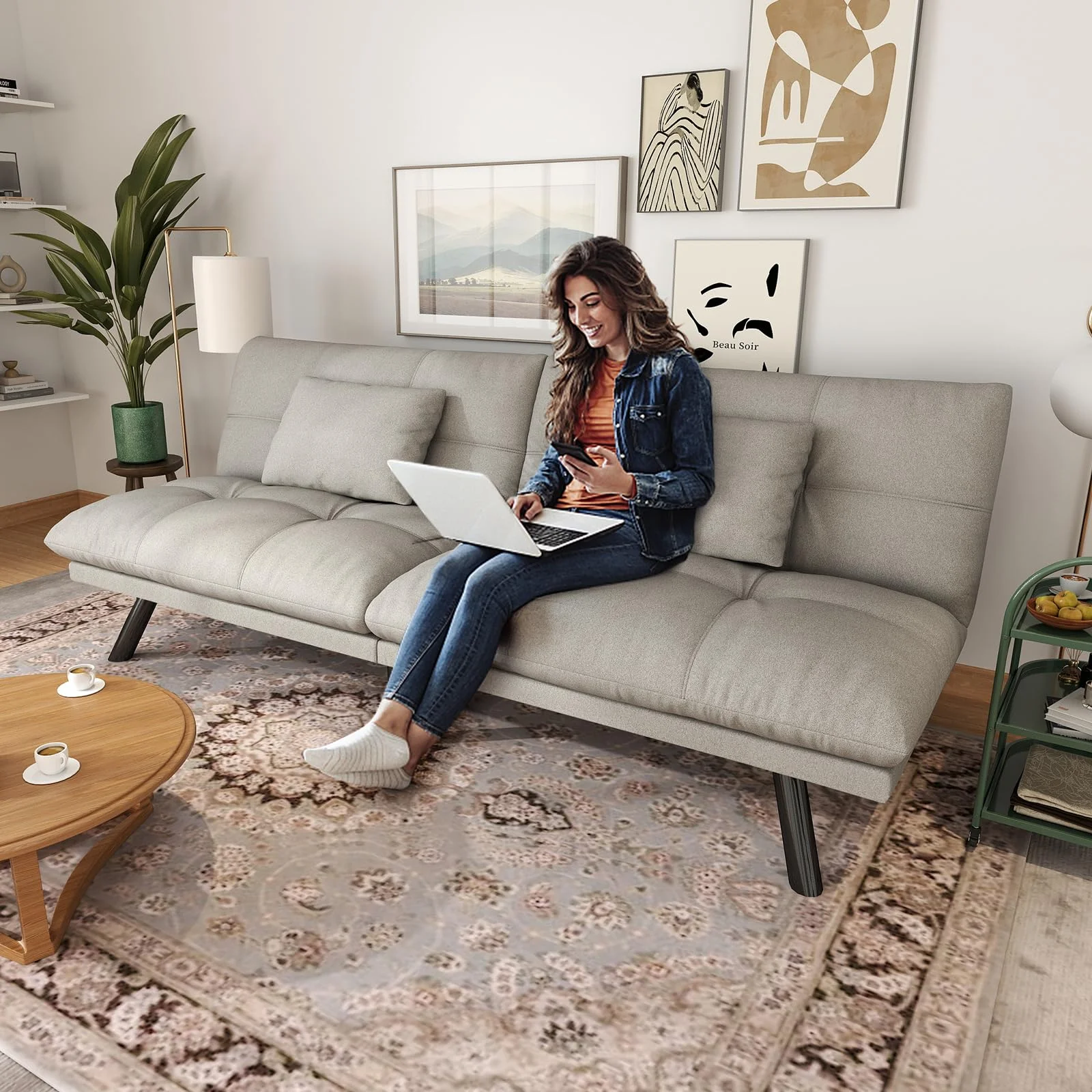 70 Convertible Futon Sofa Bed Folding Bed Sleeper Couch for Living Room, Small Space or Office, Light Grey
