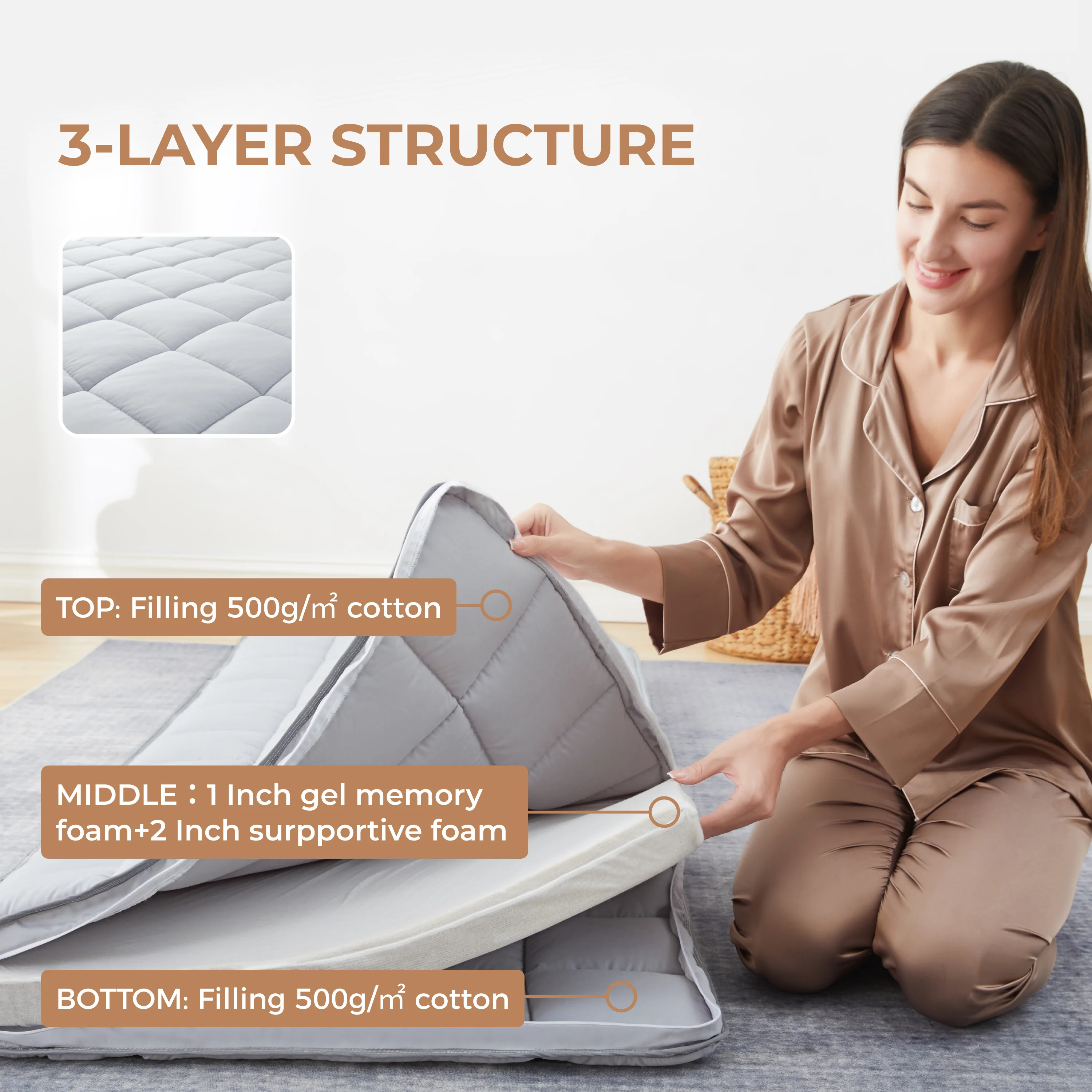 Jamdok 4Inch Floor Mattress,3-Layer Structure,Narrow Twin Size Gel Memory Foam,Removable Pillow Top Cover,Roll up Cot Mattress Topper,Portable Sleep Mat(75X30X4)