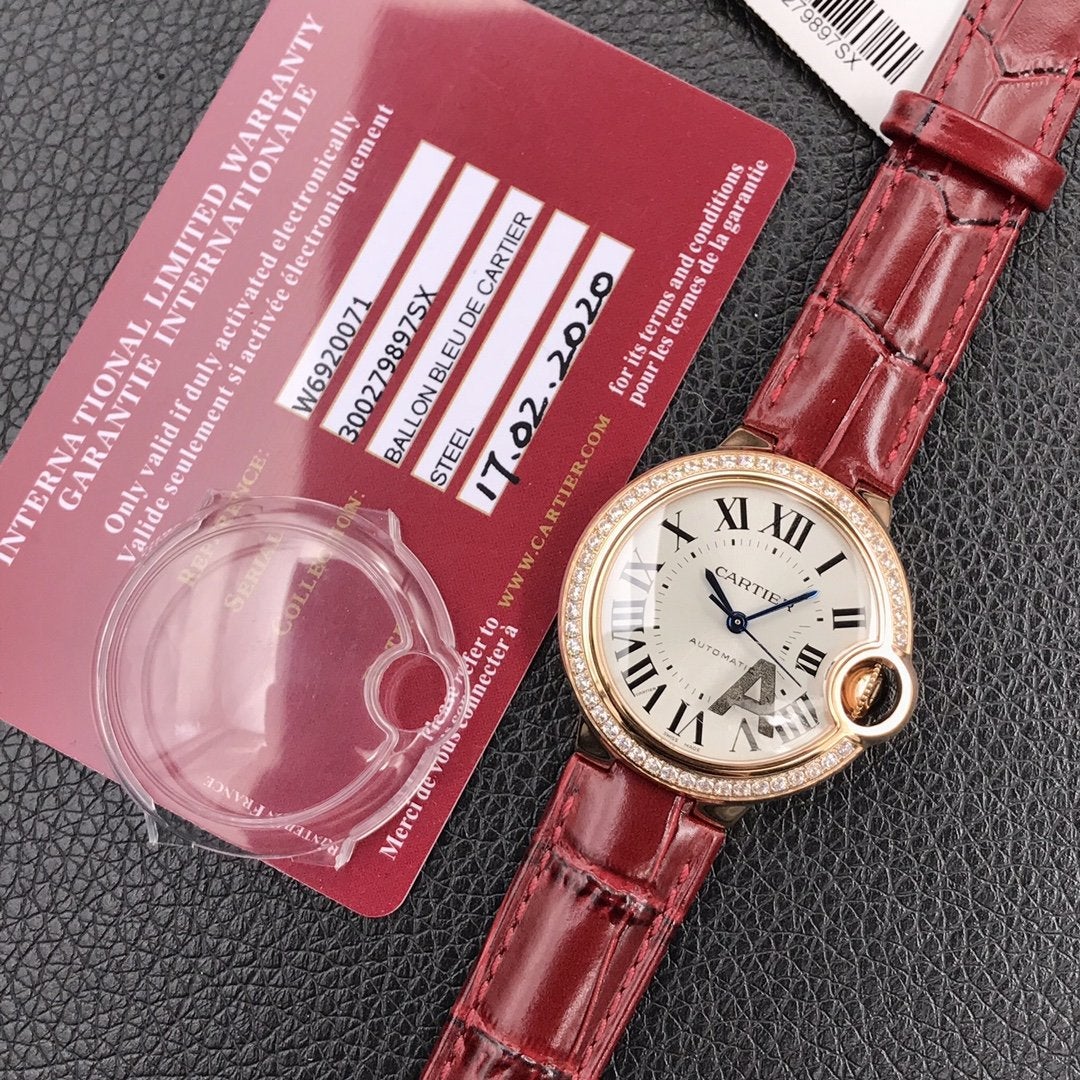 Cartier Watch BALLON BLEU 33MM ROSE GOLD CASE DIAMOND BEZEL RED LEATHER