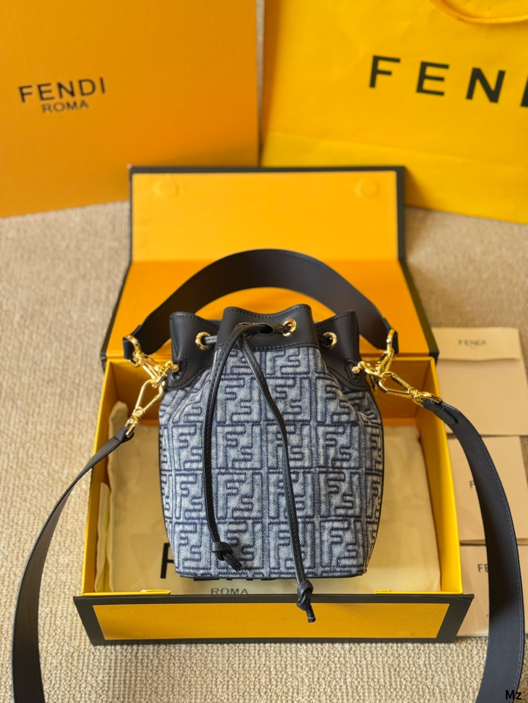 Fendi Mon Tresor Mini Denim Jacquard Bucket Bag