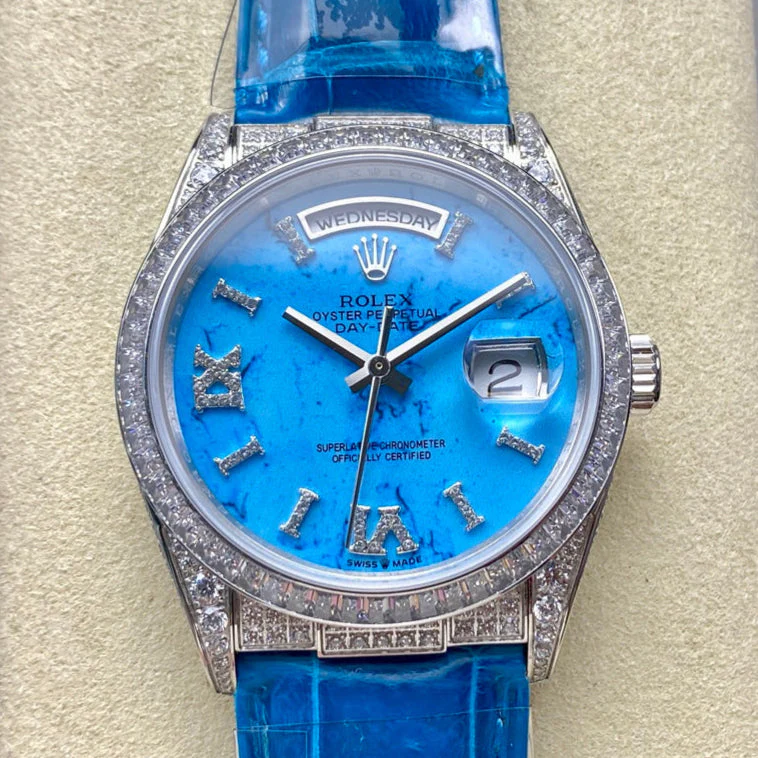 ROLEX Watch Day-Date 36mm Diamond Blue Leather