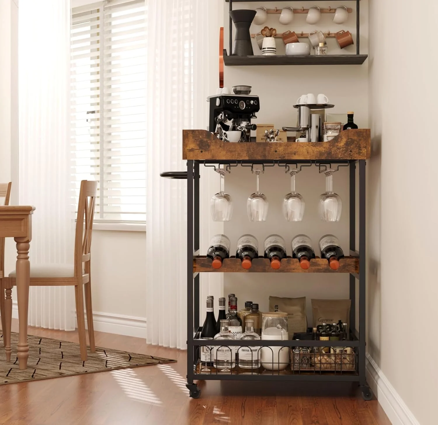 x-Cosrack 3 Tier Home Bar Cart with Wine Rack and Glasses Holder, Mobile Kitchen Storage on Wheels, Brown