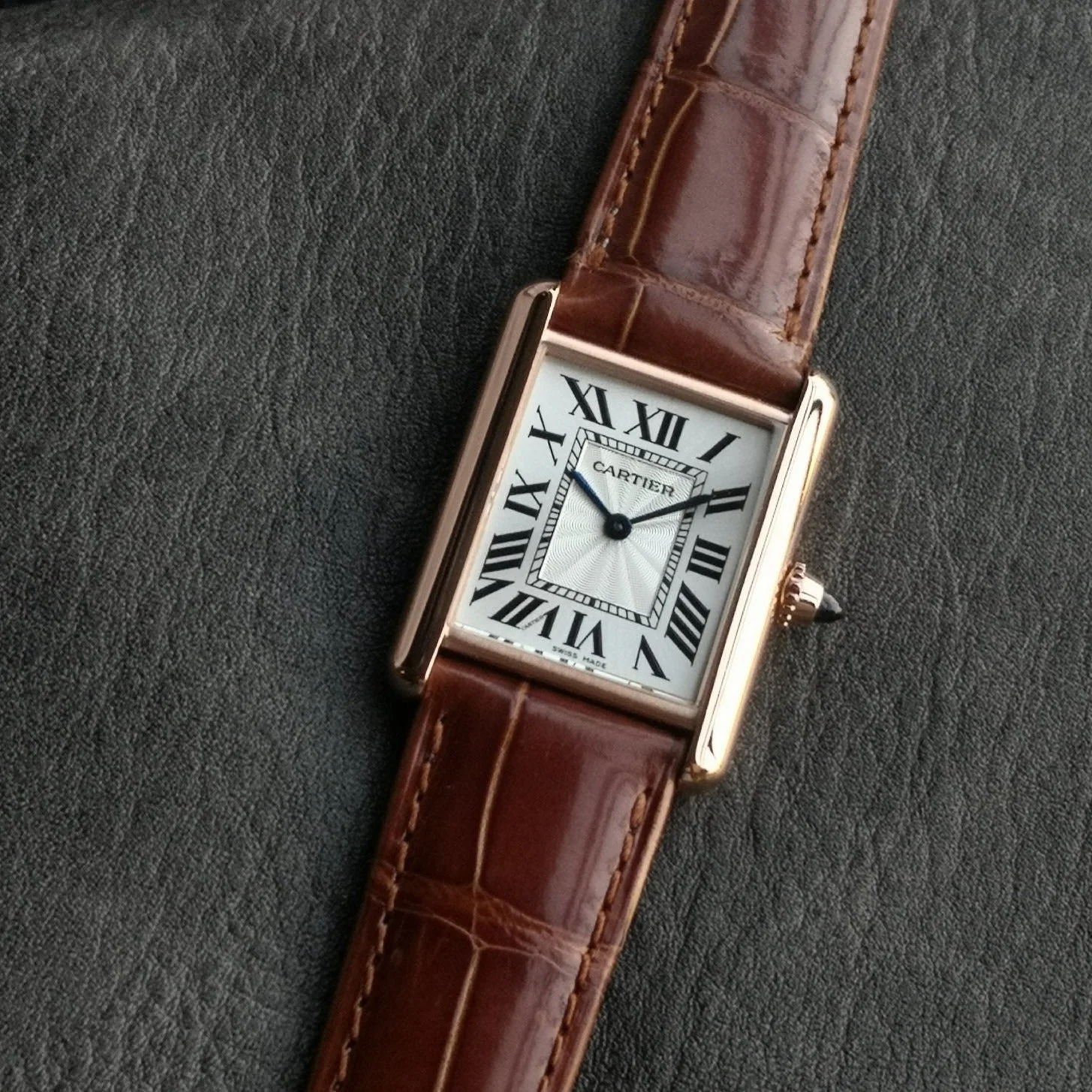 Cartier Watch TANK MUST PINK GOLD BURGUNDY CROCODILE