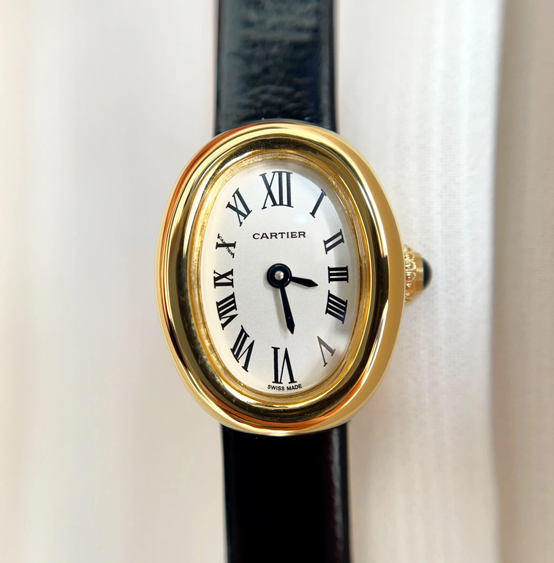 Cartier Watch Baignoire Gold Case Black Leather Strap