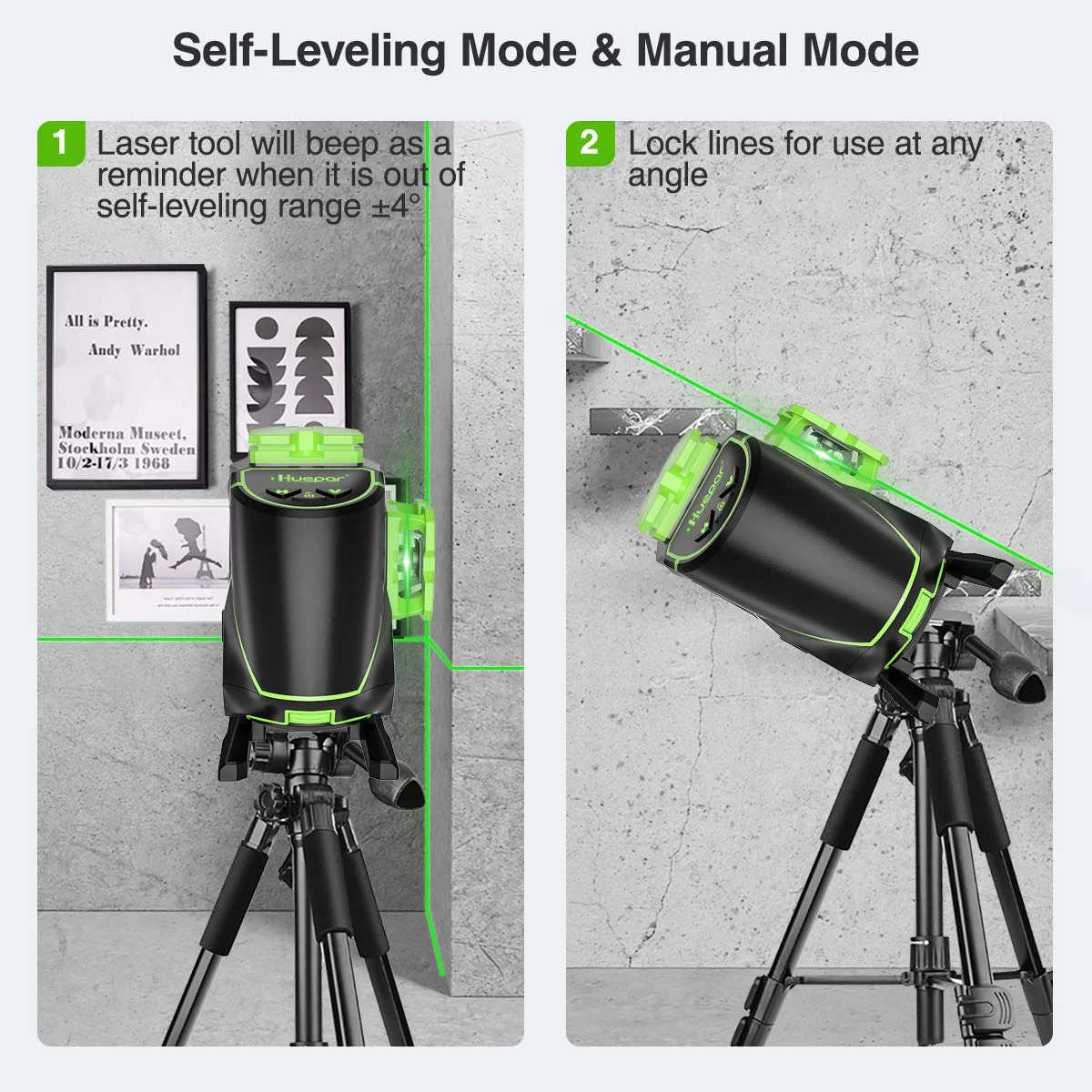 Huepar 3 x 360 Degree Cross Line Laser Level 3D Self-leveling Tiling Floor Green Beam Laser Leveler Tools with Li-ion Battery & Pivoting Base S03DG-L