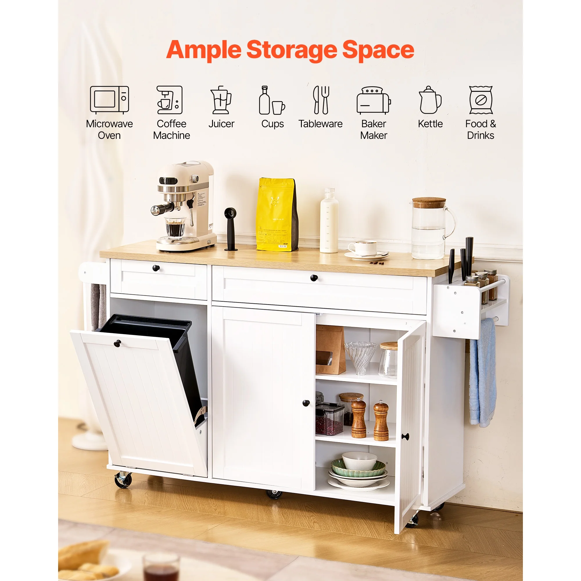 KFFKFF 60in Wide Mobile Kitchen Island Cart with Storage, Drop Leaf, 2 Drawers, Trash Bin Cabinet, Knife Slot, Spice Organizer, and Towel Bar, Ideal for Dining Room or Pantry