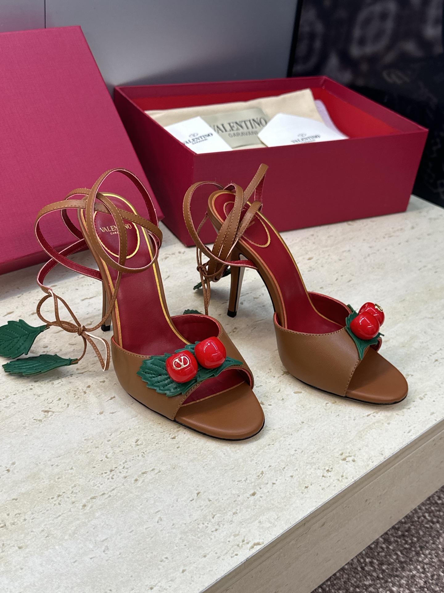 Valentino Garavani Brown 3D Cherry Leather Leaf Charm Metallic Leather Stiletto Toe Heel Sandals