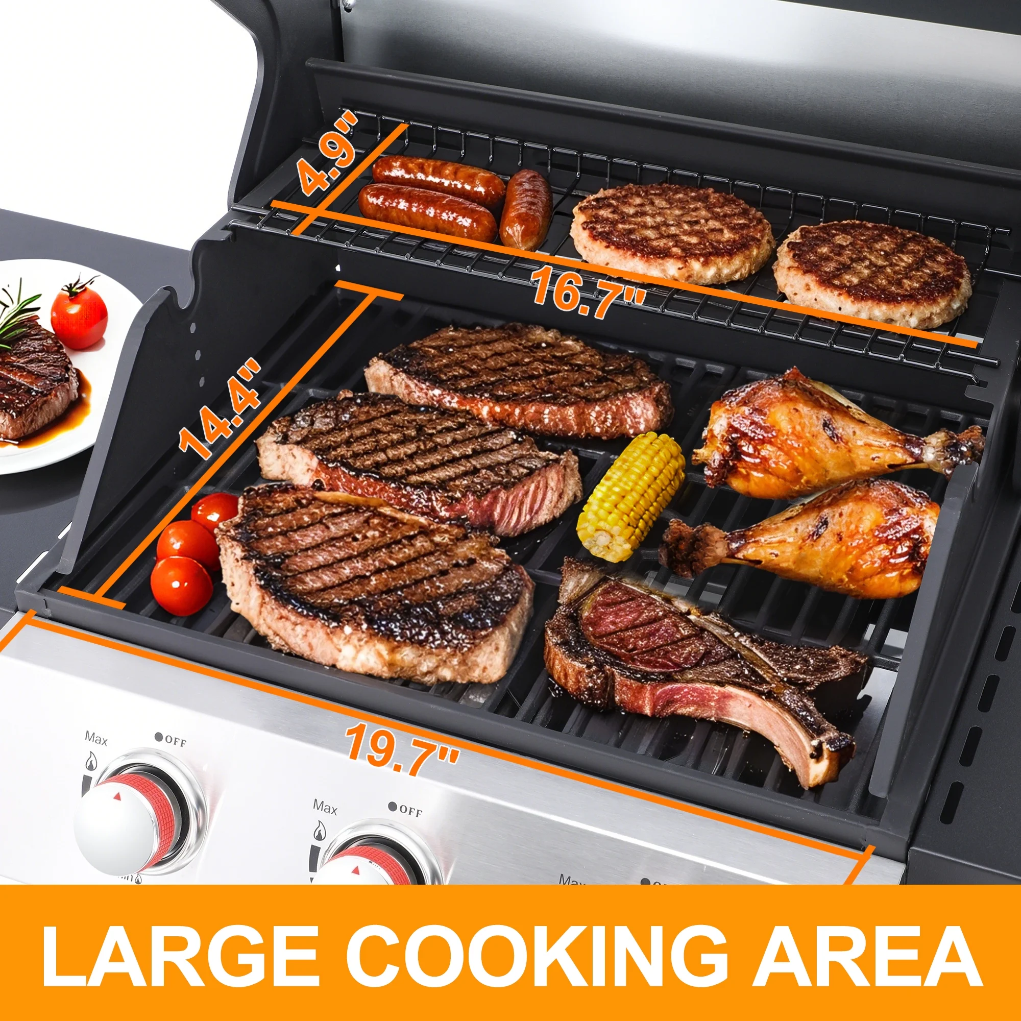 3-Burner Propane Gas Grill with 2 Foldable Side Tables, 30,000 BTU Outdoor BBQ Stainless Steel Grill with Porcelain-Enameled Cast Iron Grates and Thermometer, Easy Assembly for Patio, Backyard BBQ