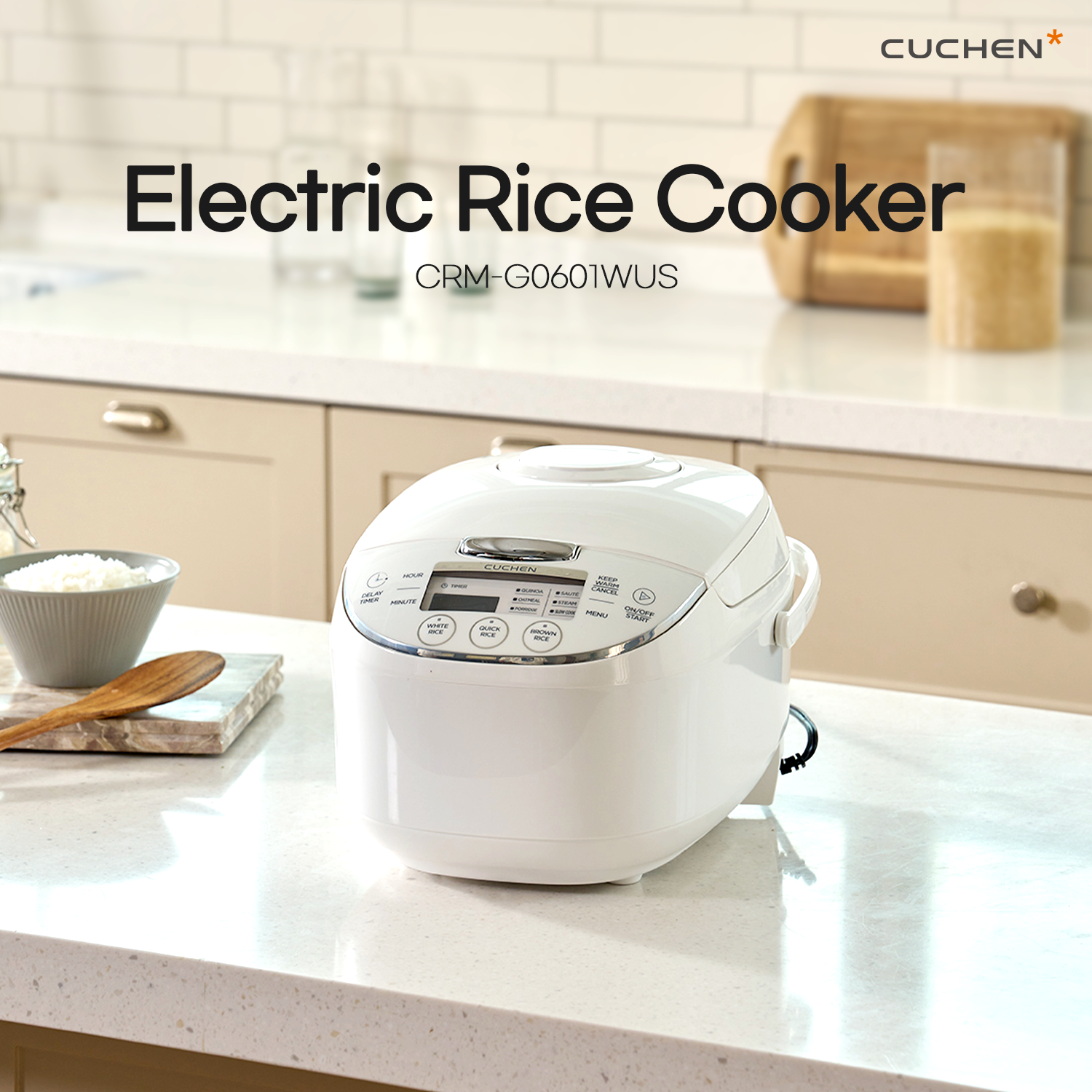 CUCHEN CRM-G0601WUS | Micom Rice Cooker 6 Cup (Uncooked) and Warmer | Direct Touch control | Nonstick Inner Pot | Delay Timer | White