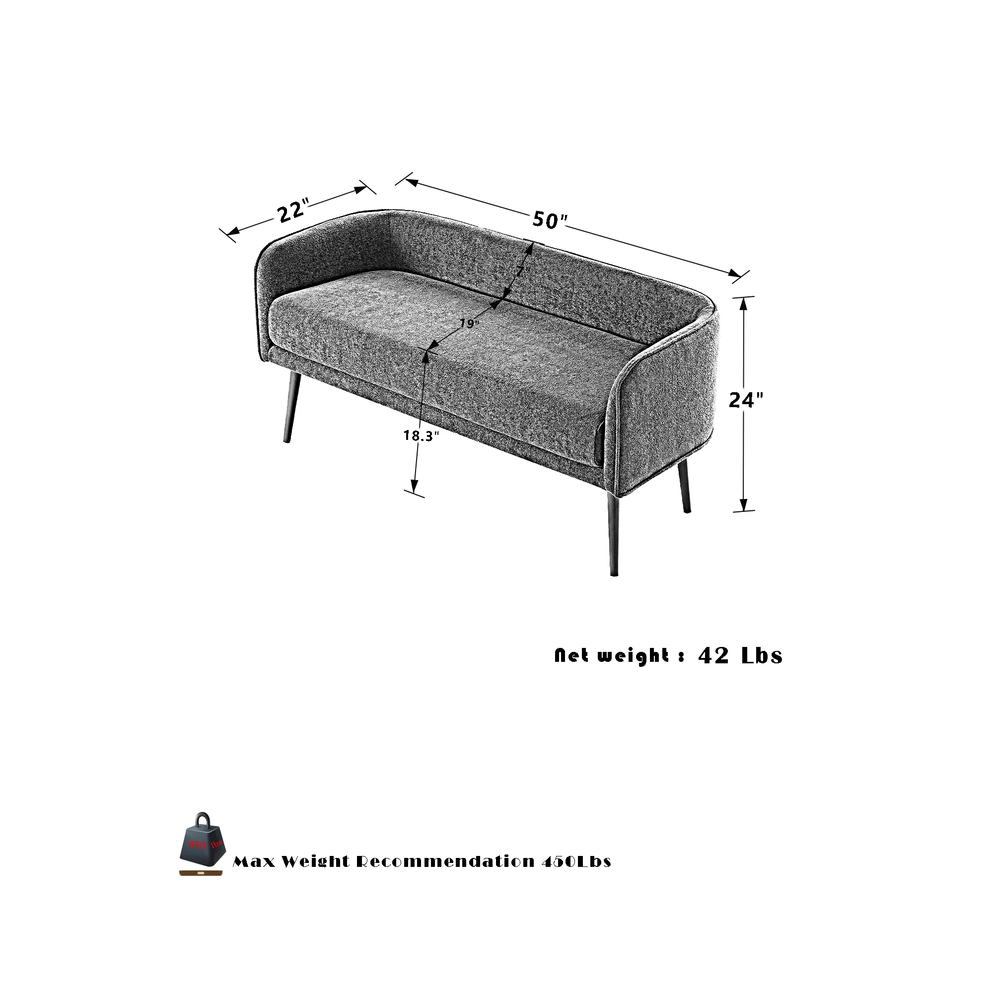 Upholstered Bench for Bedroom or Entryway, with Low Backrest and Armrests